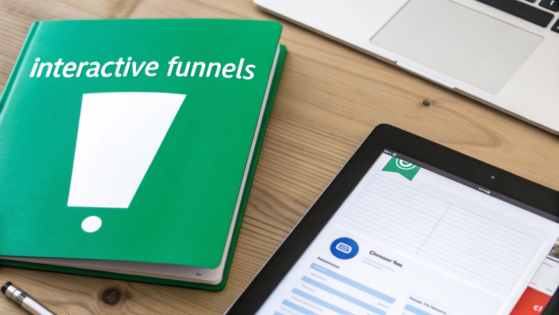 An image showing a static PDF document on one side transforming into a dynamic, interactive quiz interface on the other, illustrating the evolution of lead magnets.
