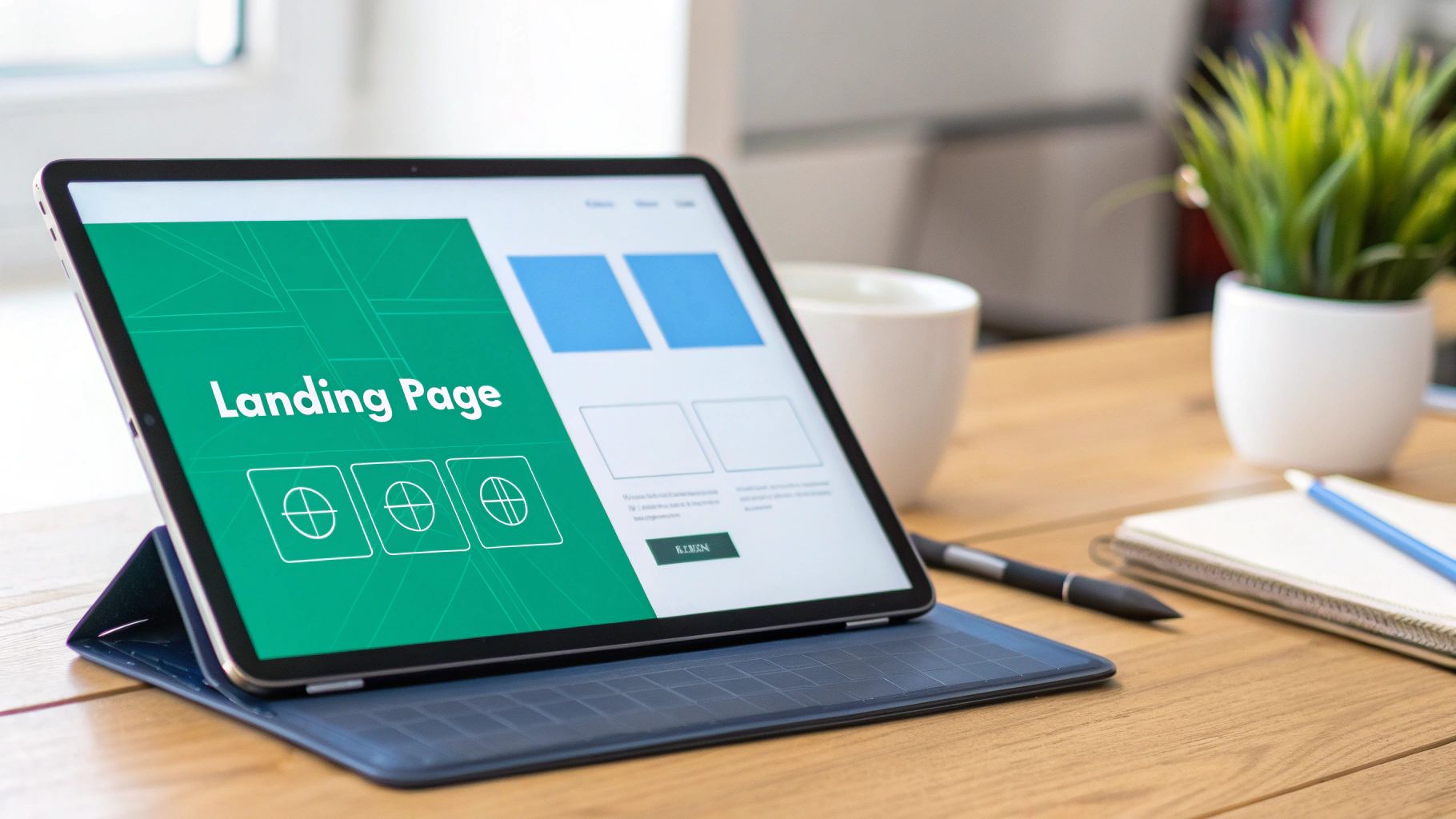 Tablet displaying a 'Landing Page' design with a green background on a wooden desk.