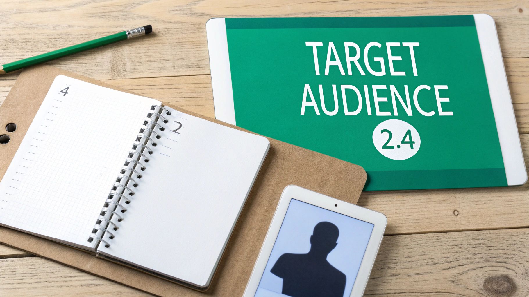 Overhead view of a desk with tablets displaying 'TARGET AUDIENCE' and a person silhouette, alongside a notebook and pencil.
