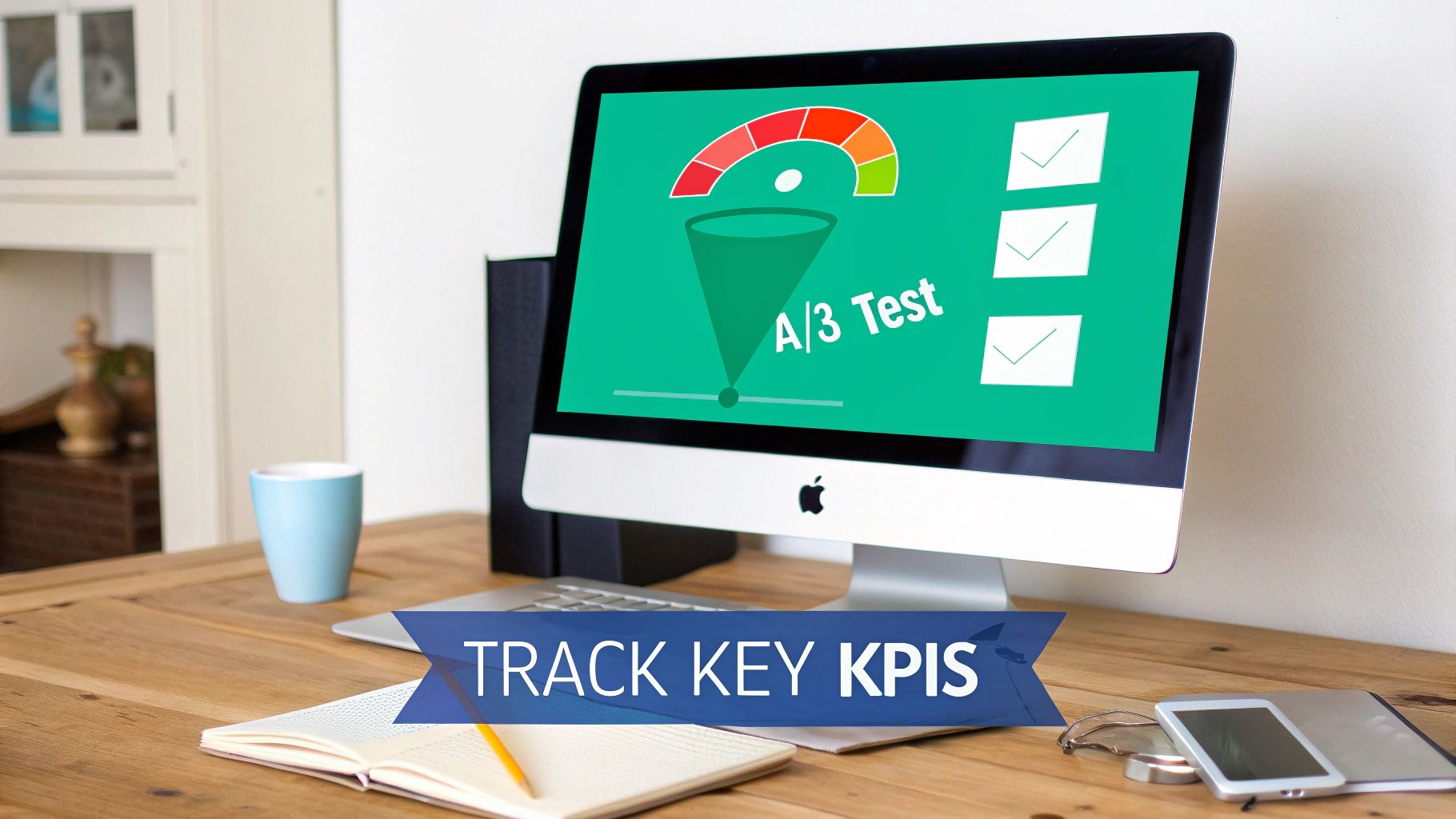 Desktop computer displaying A/B test and sales funnel on a wooden desk with a notebook and text "TRACK KEY KPIS".