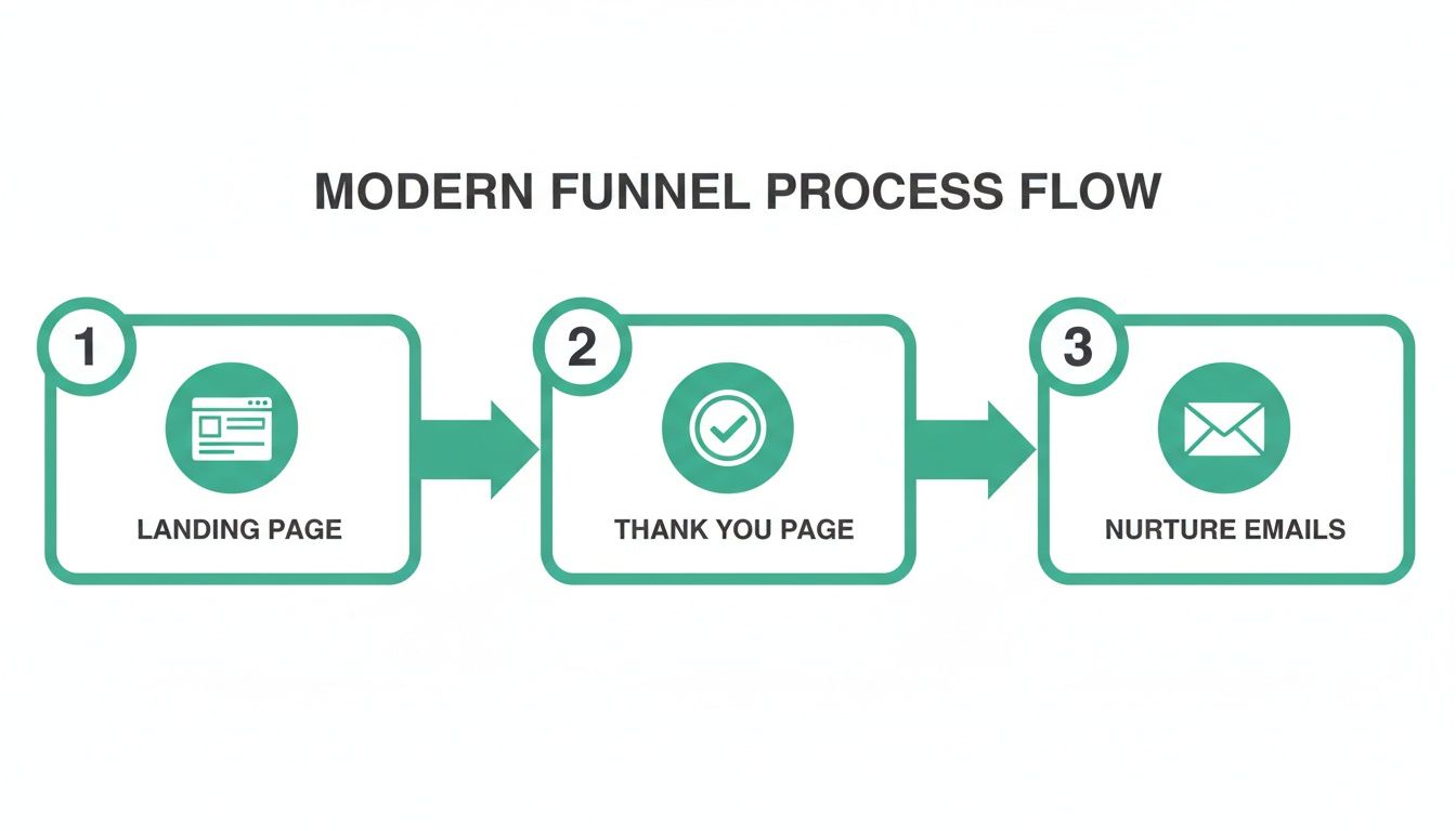 Diagram illustrating a modern lead magnet funnel with landing page, thank you page, and nurture emails.