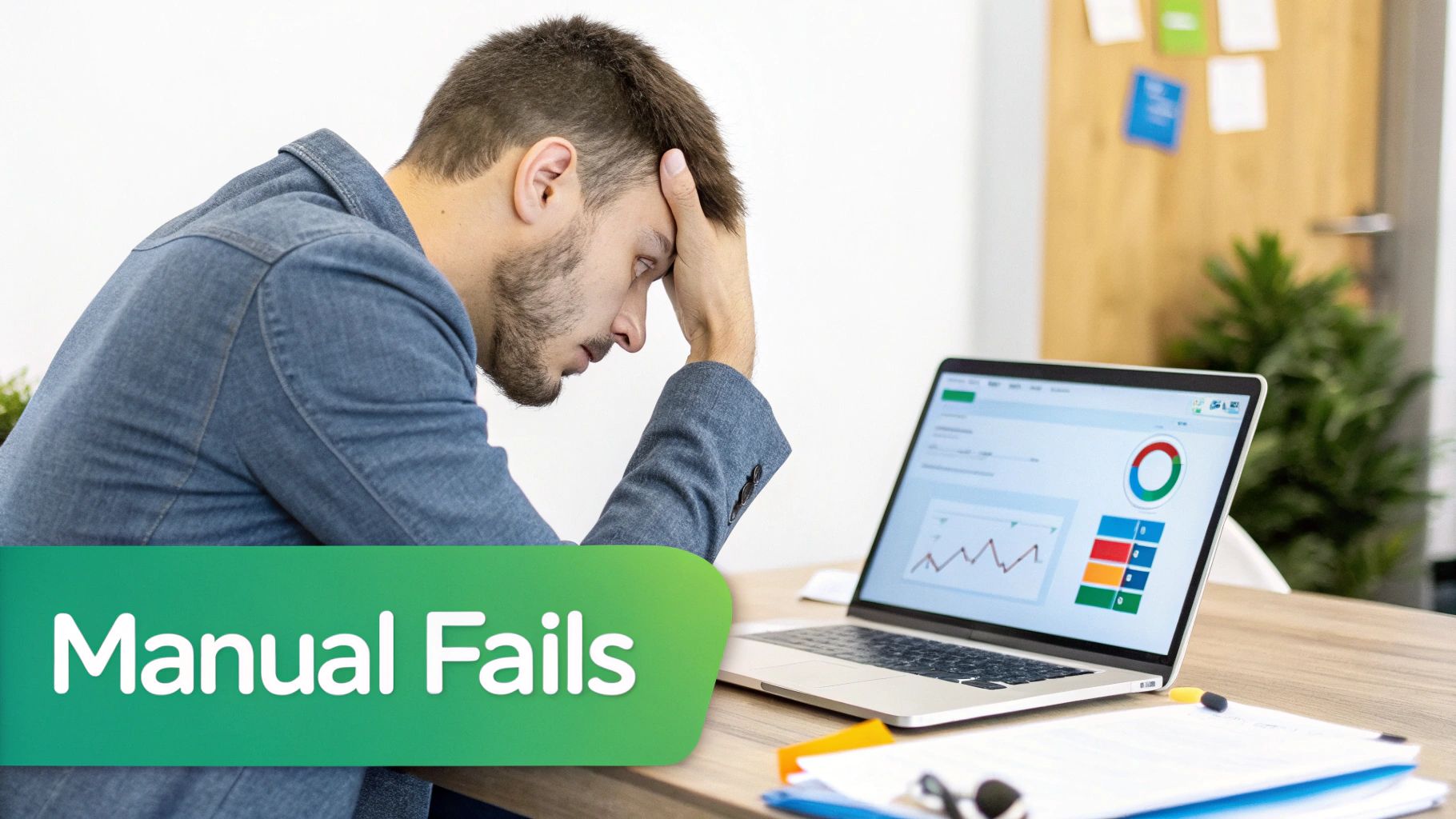 A frustrated person sitting in front of a laptop, symbolizing the struggles of manual email marketing.