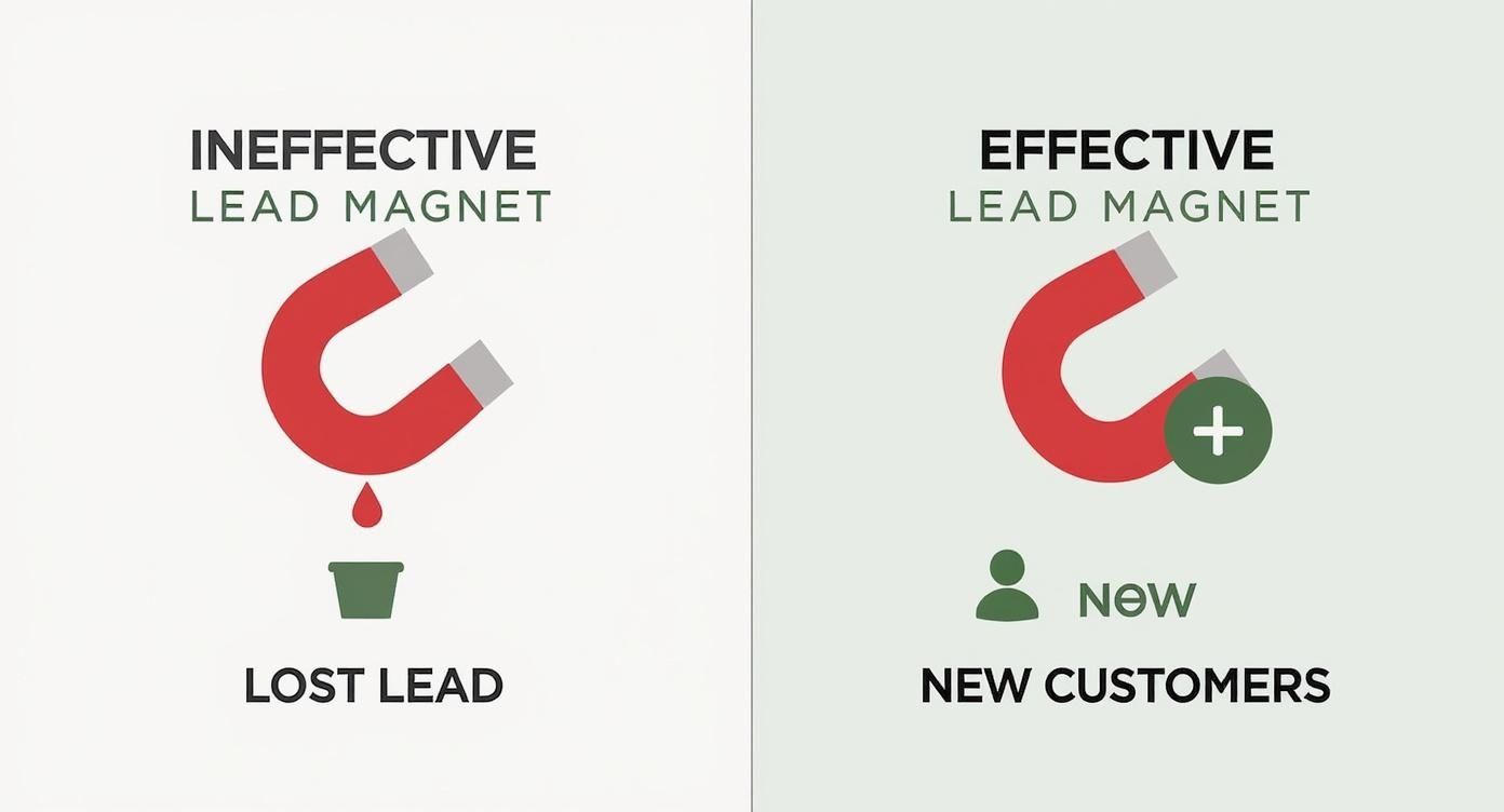 Infographic comparing ineffective lead magnets that lose leads with effective ones that gain customers.