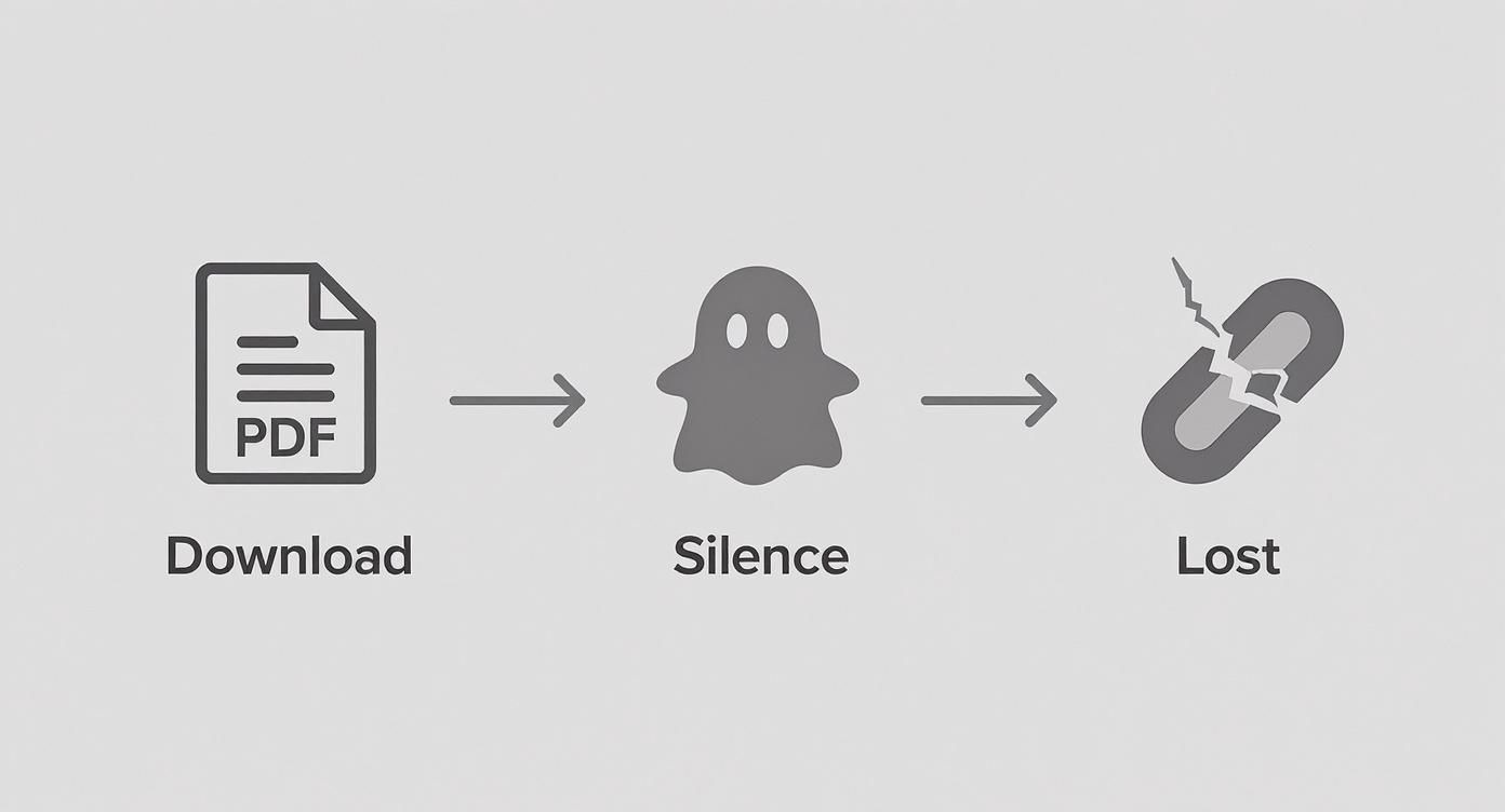 A visual flow: PDF download icon, transforming into a ghost icon, then a broken link icon, symbolizing lost data.