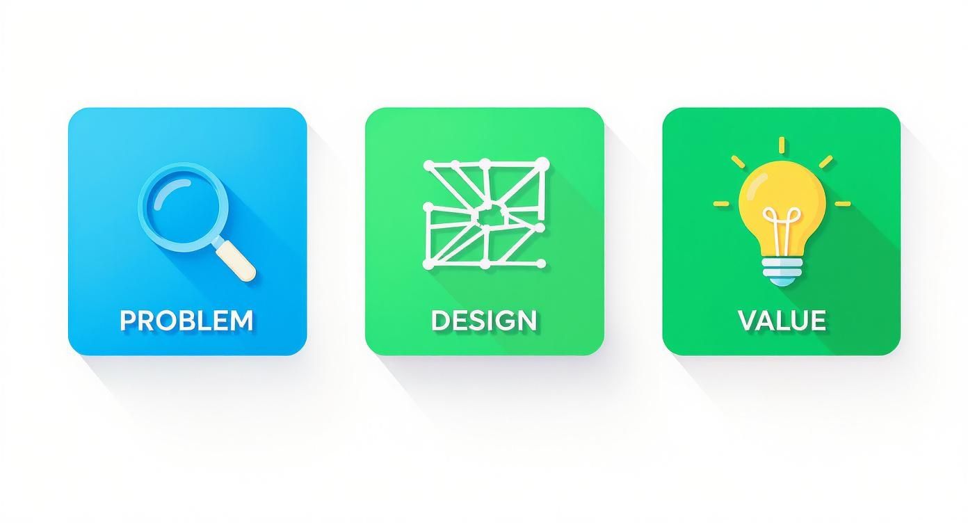 Three colorful icons representing problem (magnifying glass), design (network), and value (lightbulb) concepts.