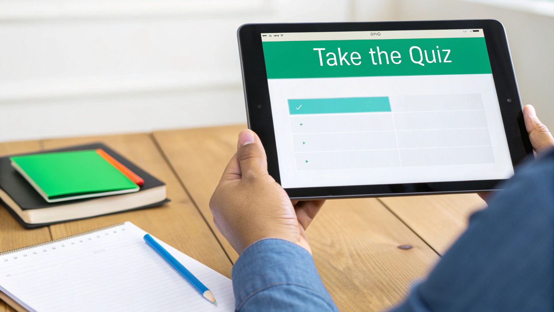 Hands hold a tablet displaying an online quiz titled 'Take the Quiz' on a wooden desk.