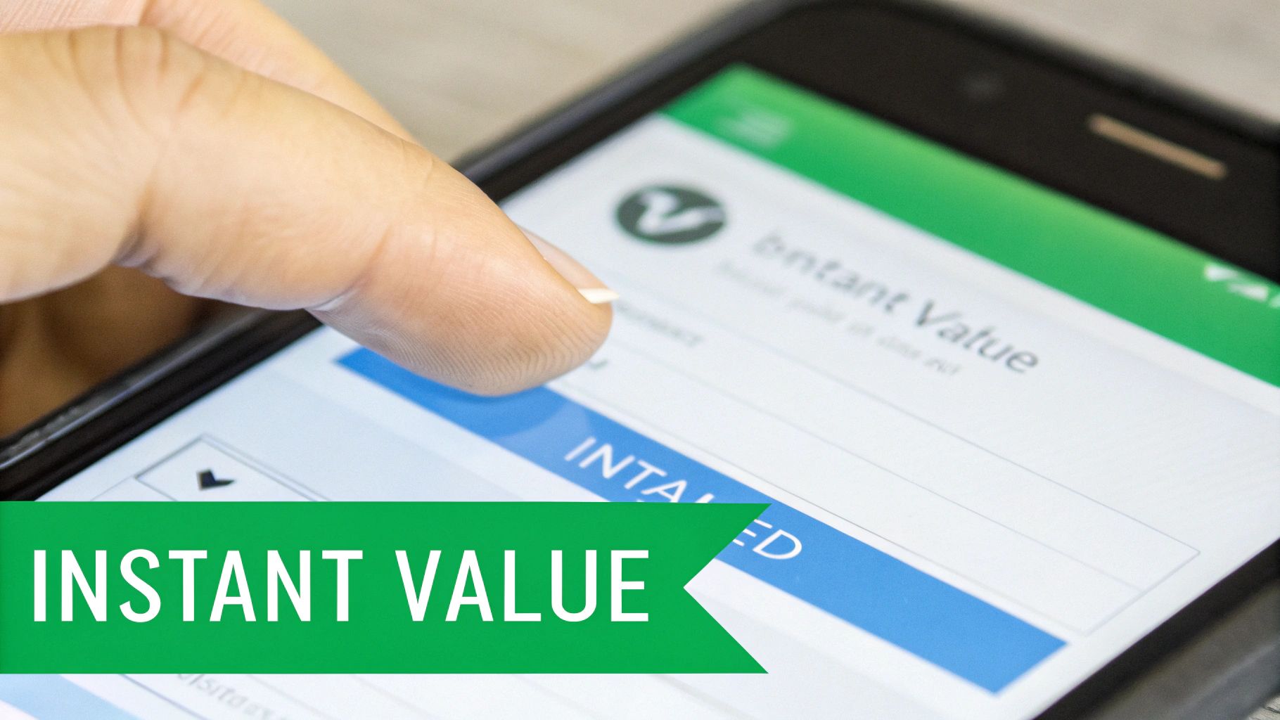 A finger tapping a smartphone screen displaying 'Instant Value' with a green banner.