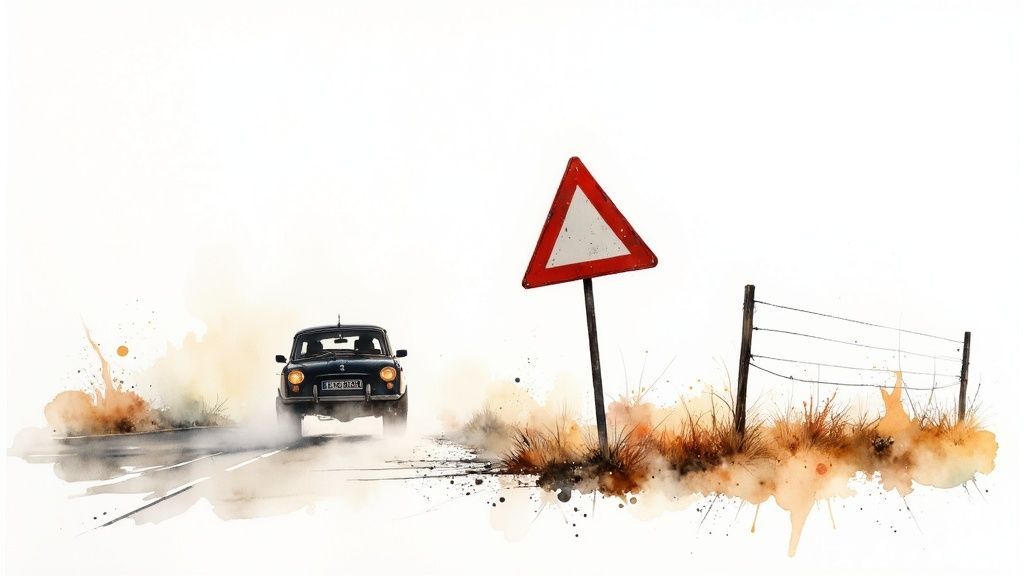 Panneaux de danger triangulaires avec un liseré rouge.