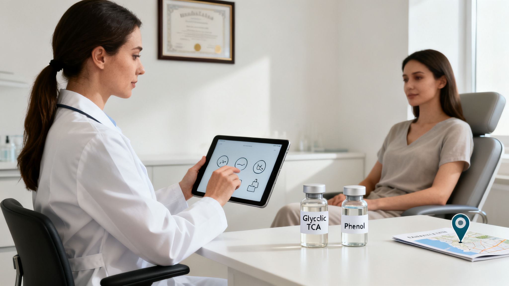 A doctor shows a tablet to a patient, discussing facial peel options with Glycolic TCA and Phenol.