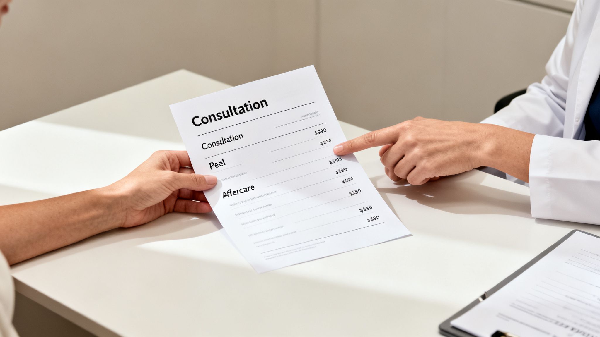 A doctor and patient review a consultation and facial peel price list, discussing treatment costs.