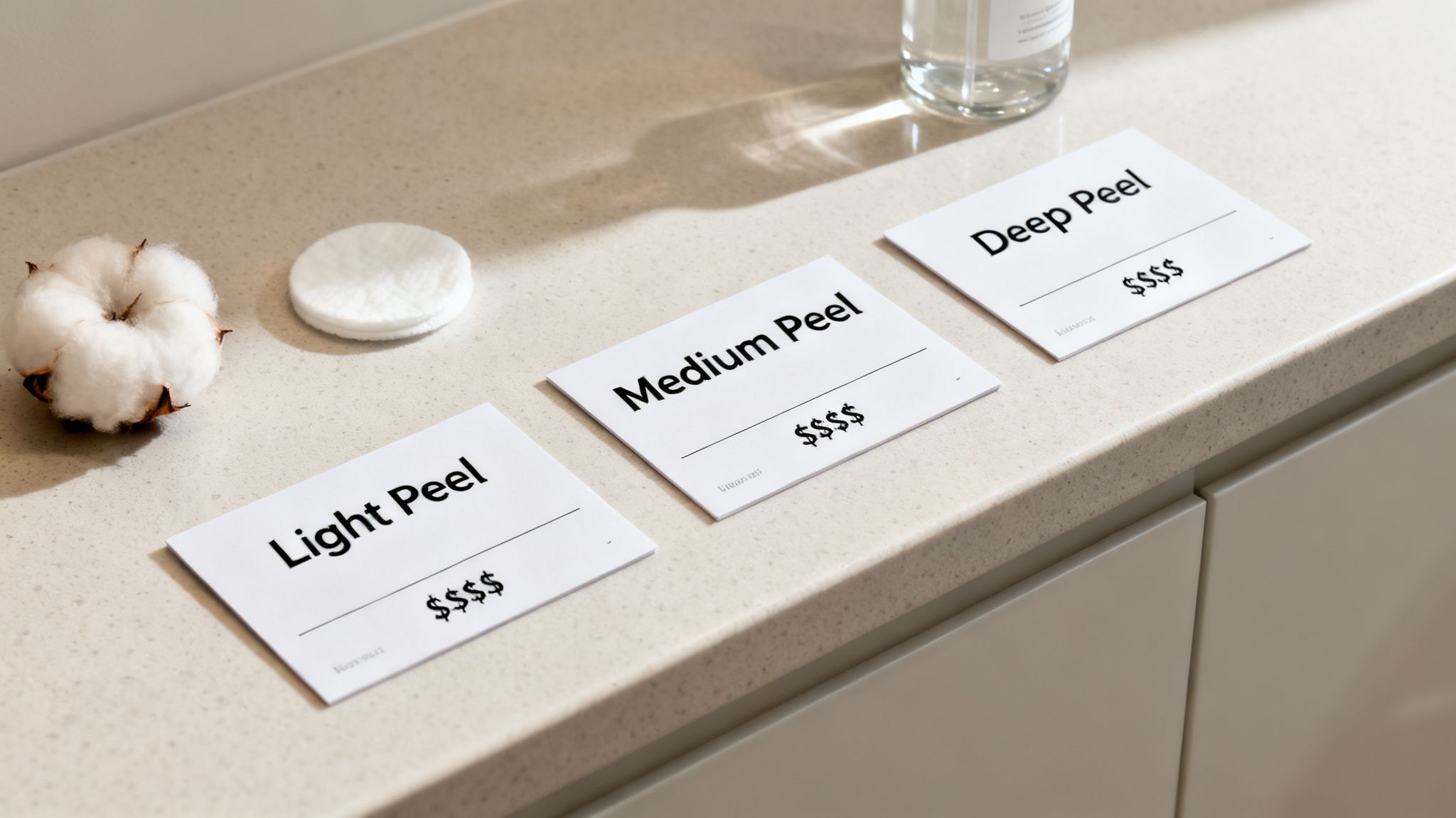 Three white cards on a counter show 'Light Peel', 'Medium Peel', and 'Deep Peel' with varying dollar signs, alongside cotton and pads.