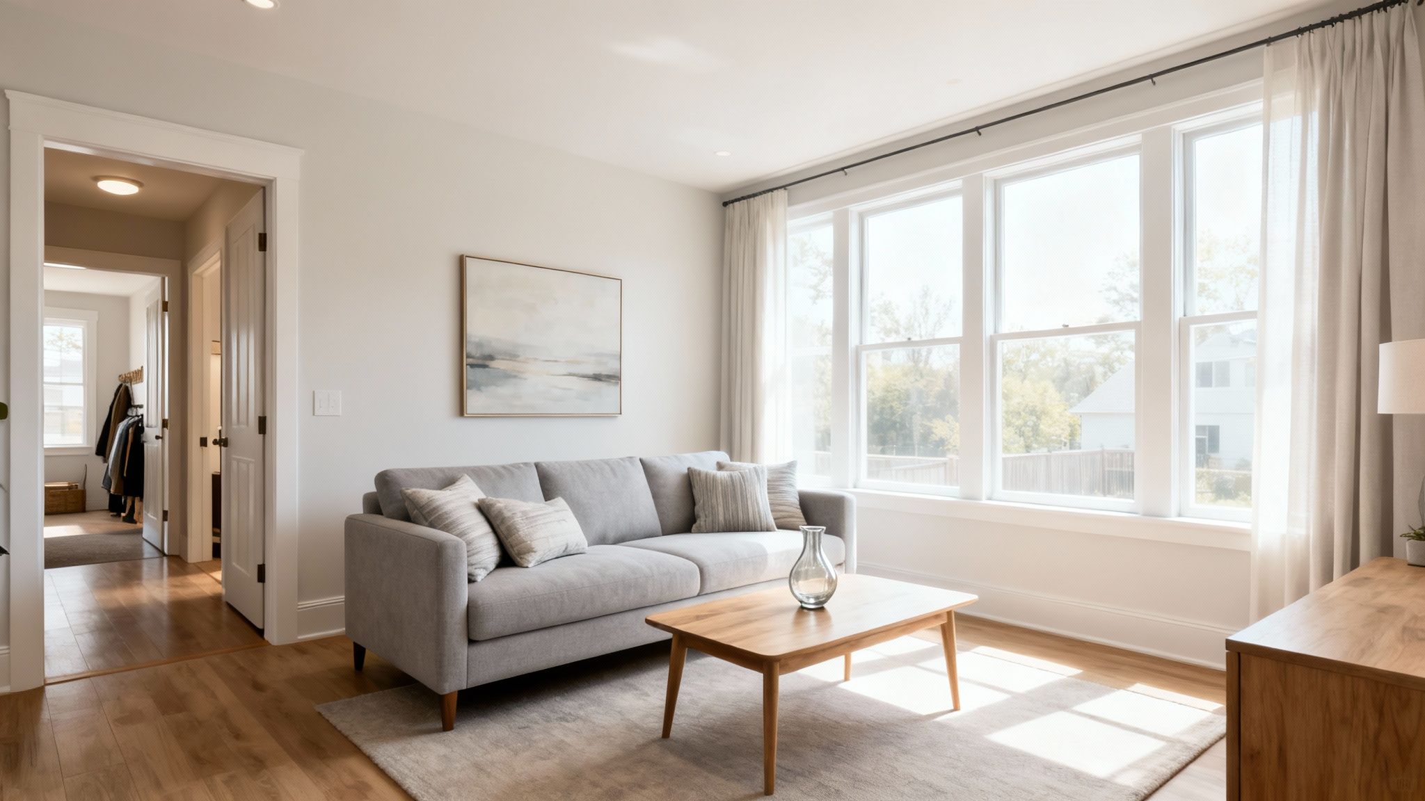 A bright, modern living room with a gray sofa, wood coffee table, and large windows.