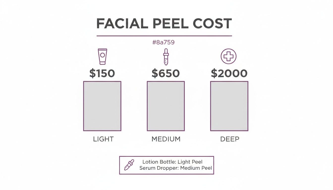 A graphic showing facial peel costs: Light peel is $150, Medium peel is $650, Deep peel is $2000.