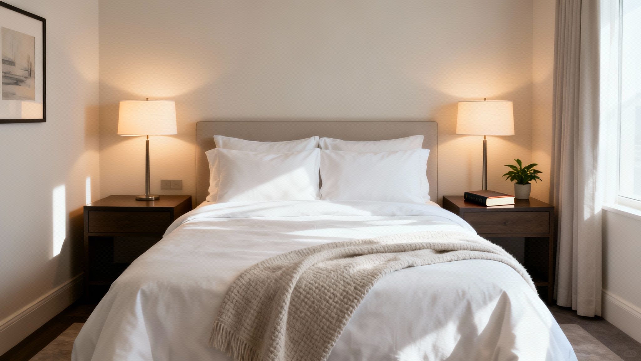 Inviting bedroom scene with a queen bed, white bedding, cozy throw, and warm lighting.