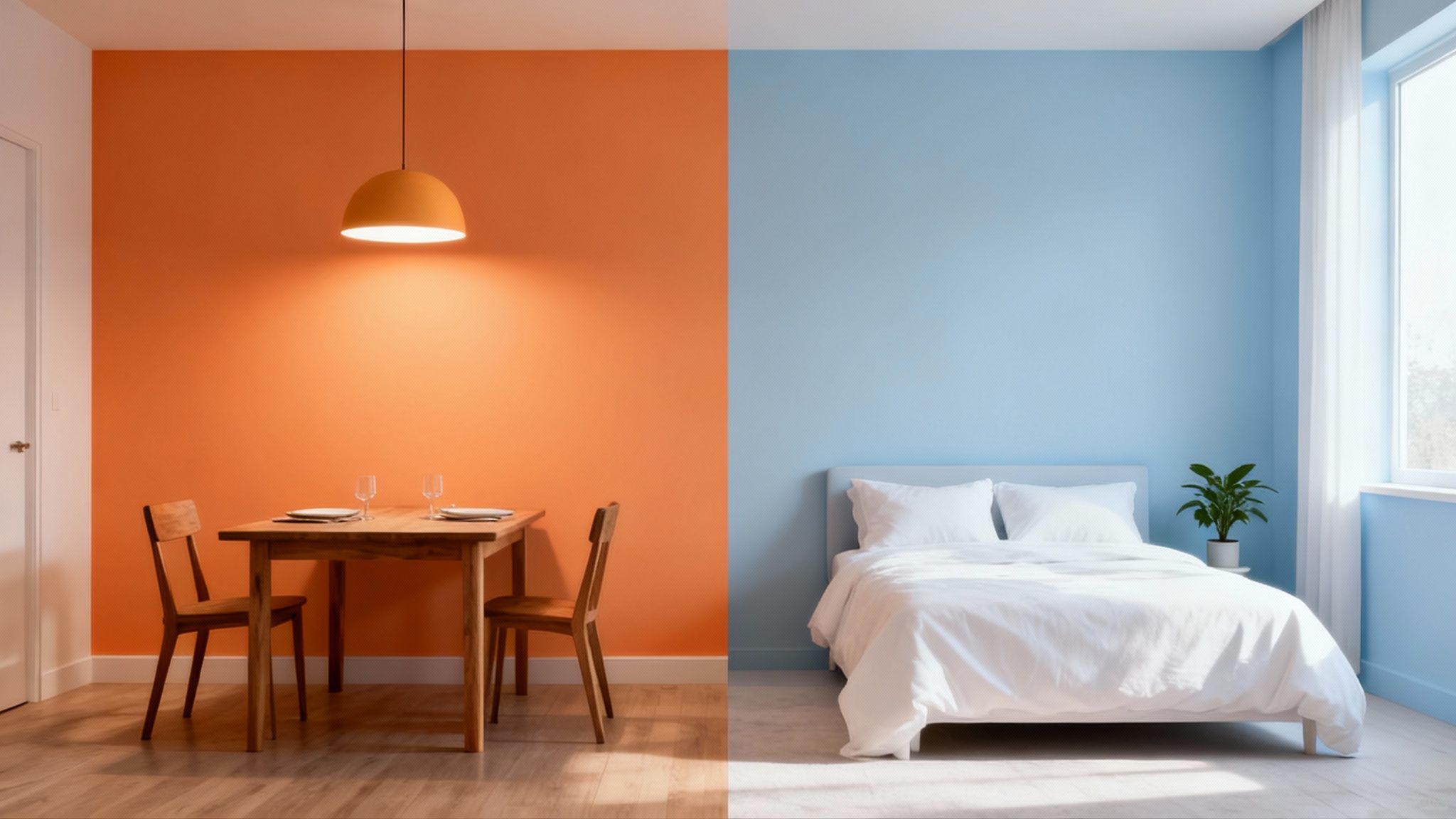 A split interior design shows an orange dining area and a blue bedroom, illustrating color psychology.