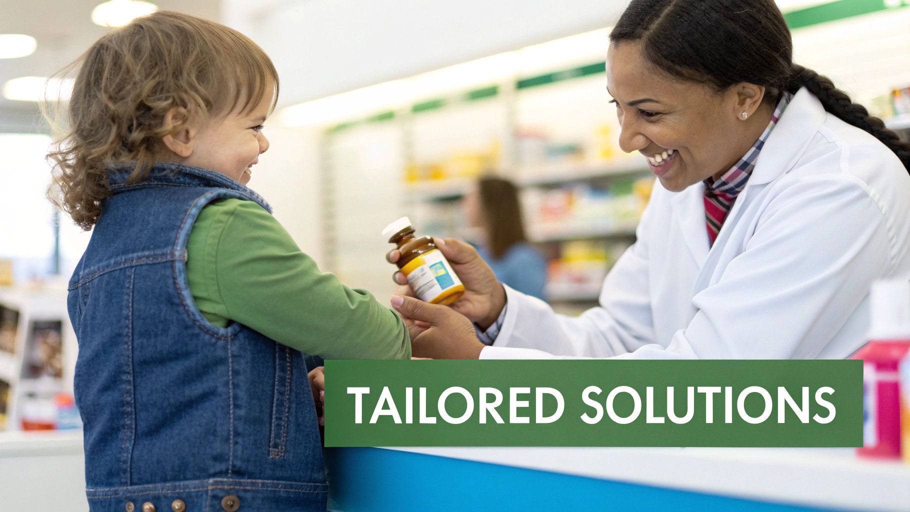 A smiling pharmacist hands a medicine bottle to a happy young child in a pharmacy.
