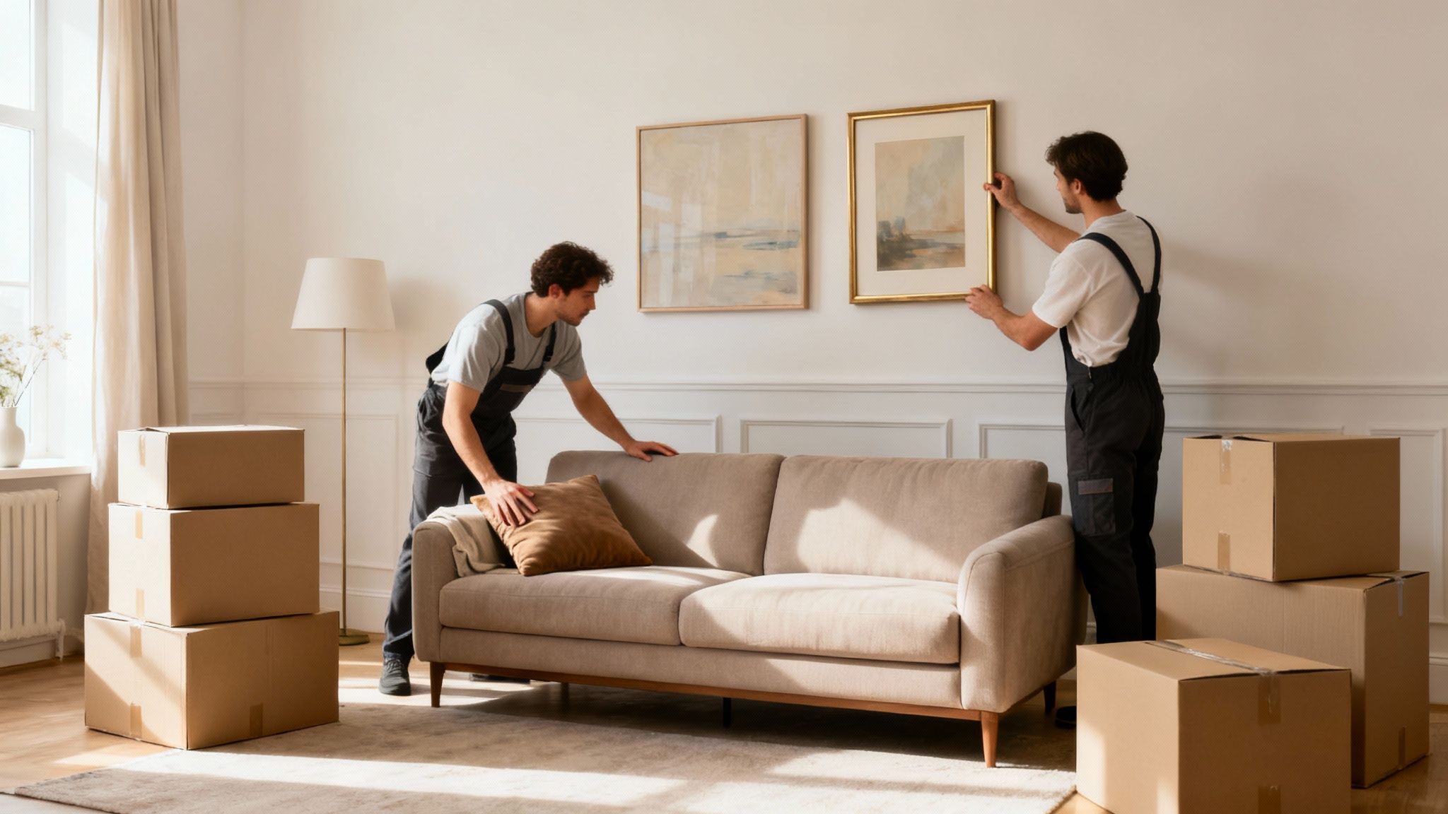 Two movers in overalls are arranging furniture and hanging pictures in a bright living room with moving boxes.
