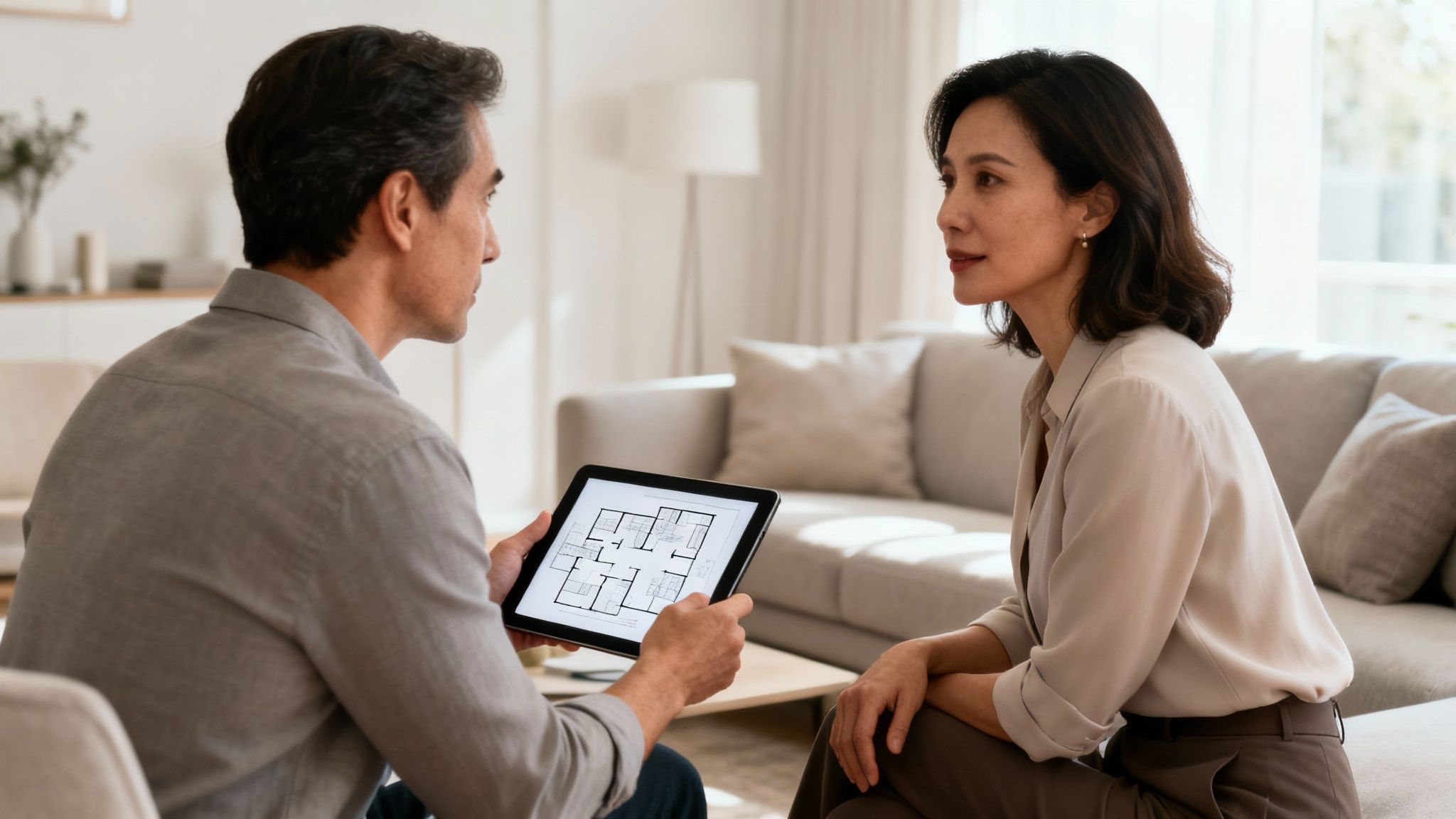 Man shows a home floor plan on a tablet to a woman in a modern living room.