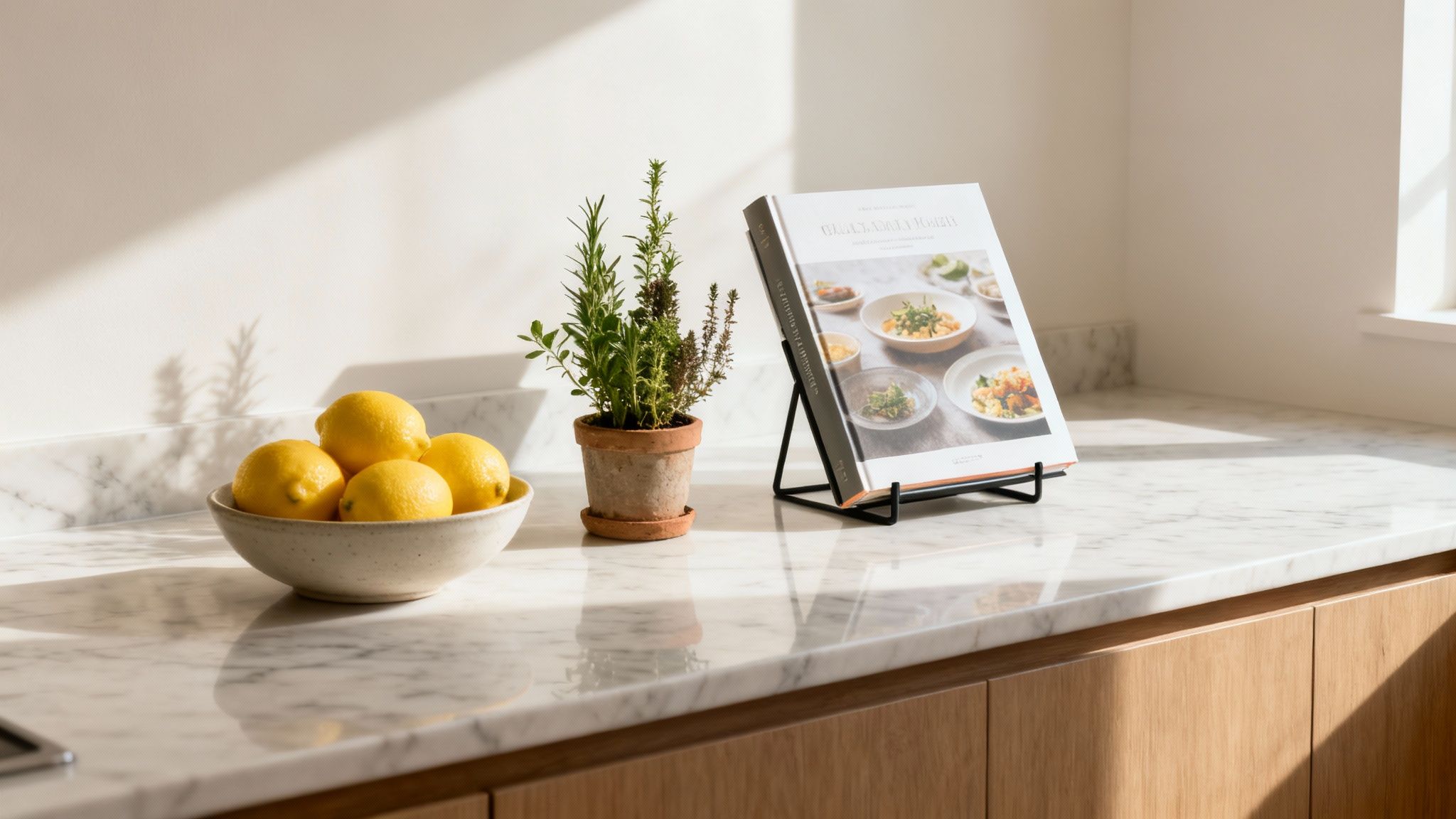 Sunlit kitchen counter with a bowl of lemons, potted herbs, and a cookbook on a stand.