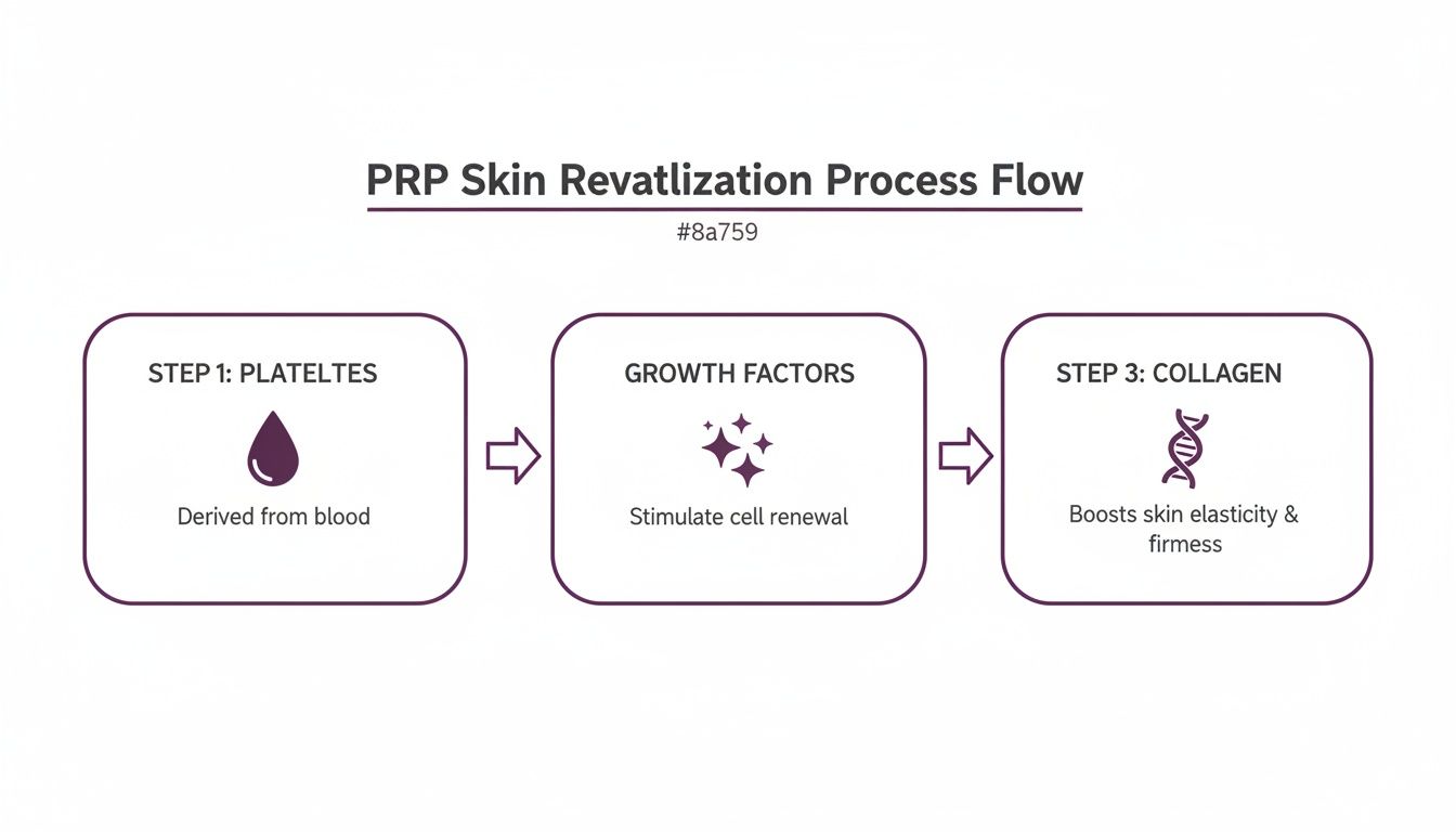 Flowchart illustrating the three steps of PRP skin revitalization: platelets, growth factors, and collagen.
