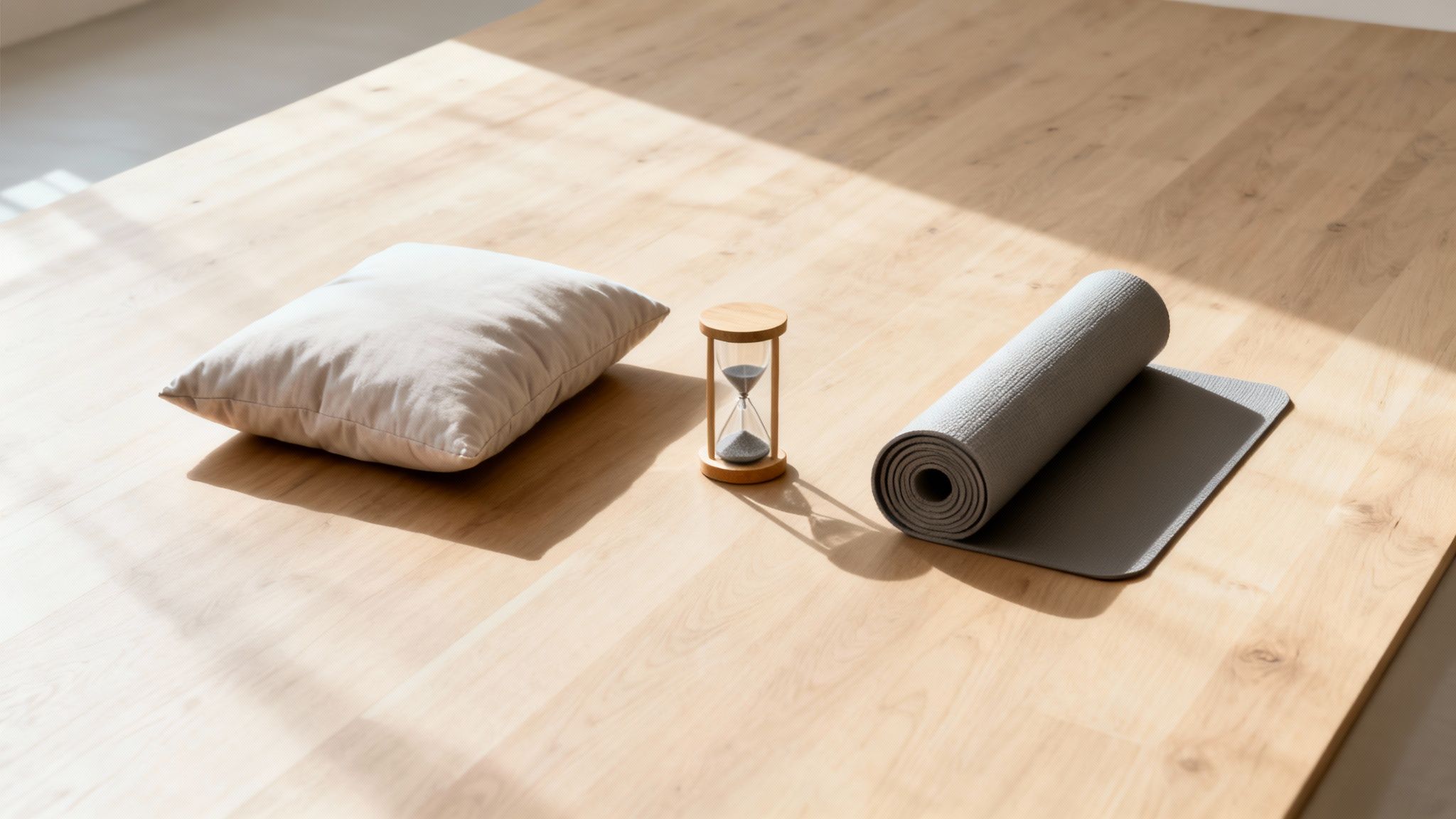 A beige pillow, wooden hourglass, and grey yoga mat on a sunlit wooden floor.