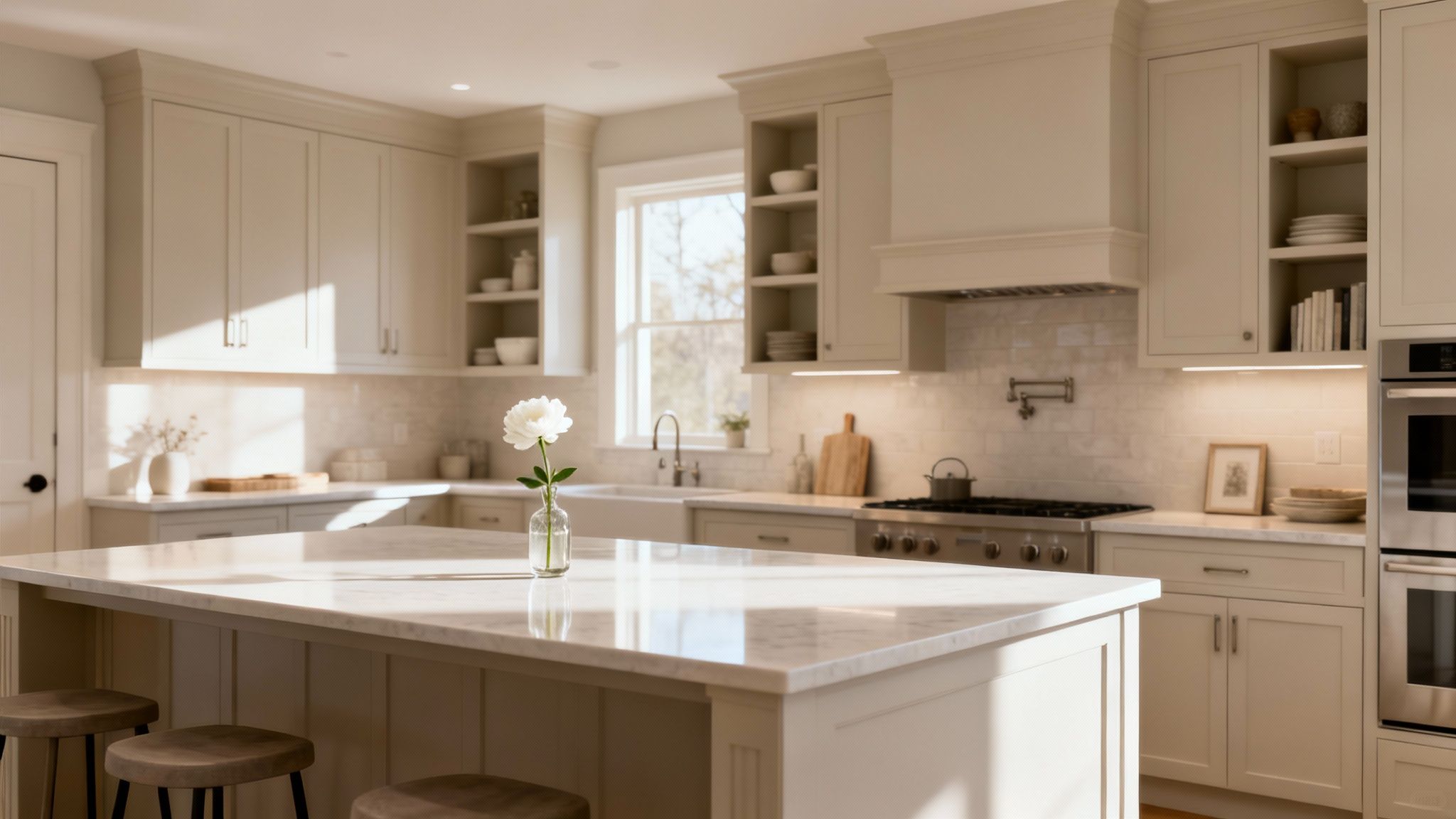 Bright, airy kitchen featuring light-colored shaker cabinets, a large marble island, and a white peony.