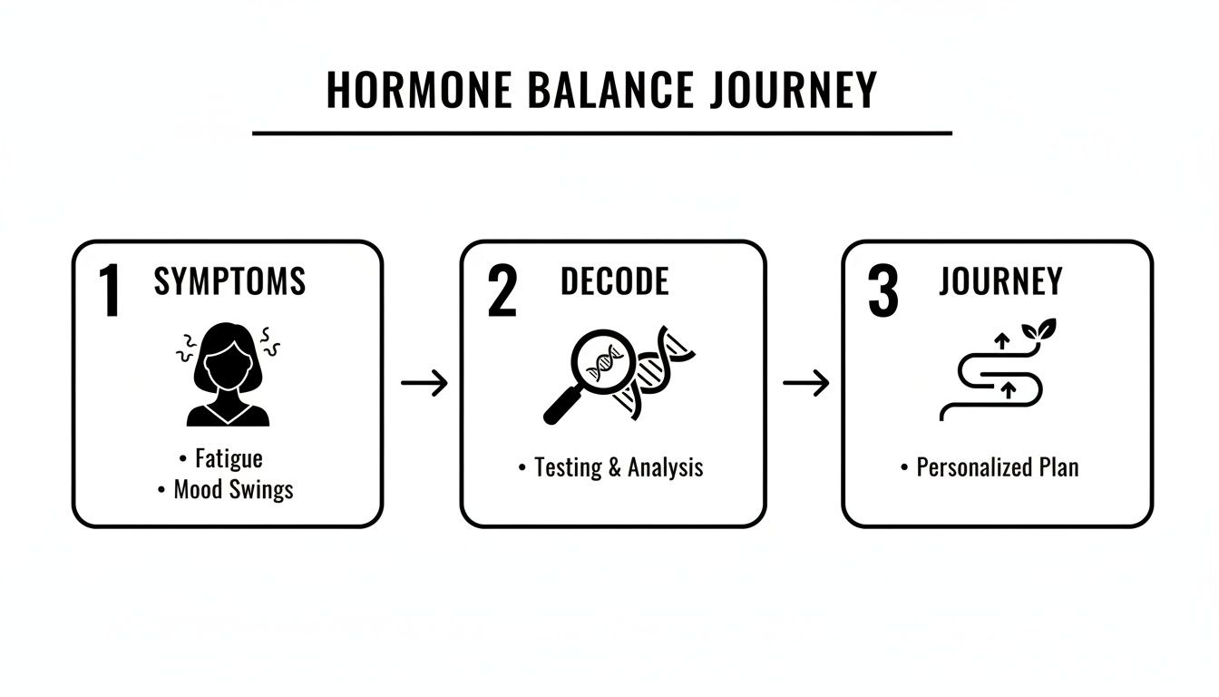 Infographic showing a 3-step hormone balance journey: symptoms, decoding, and personalized plan.