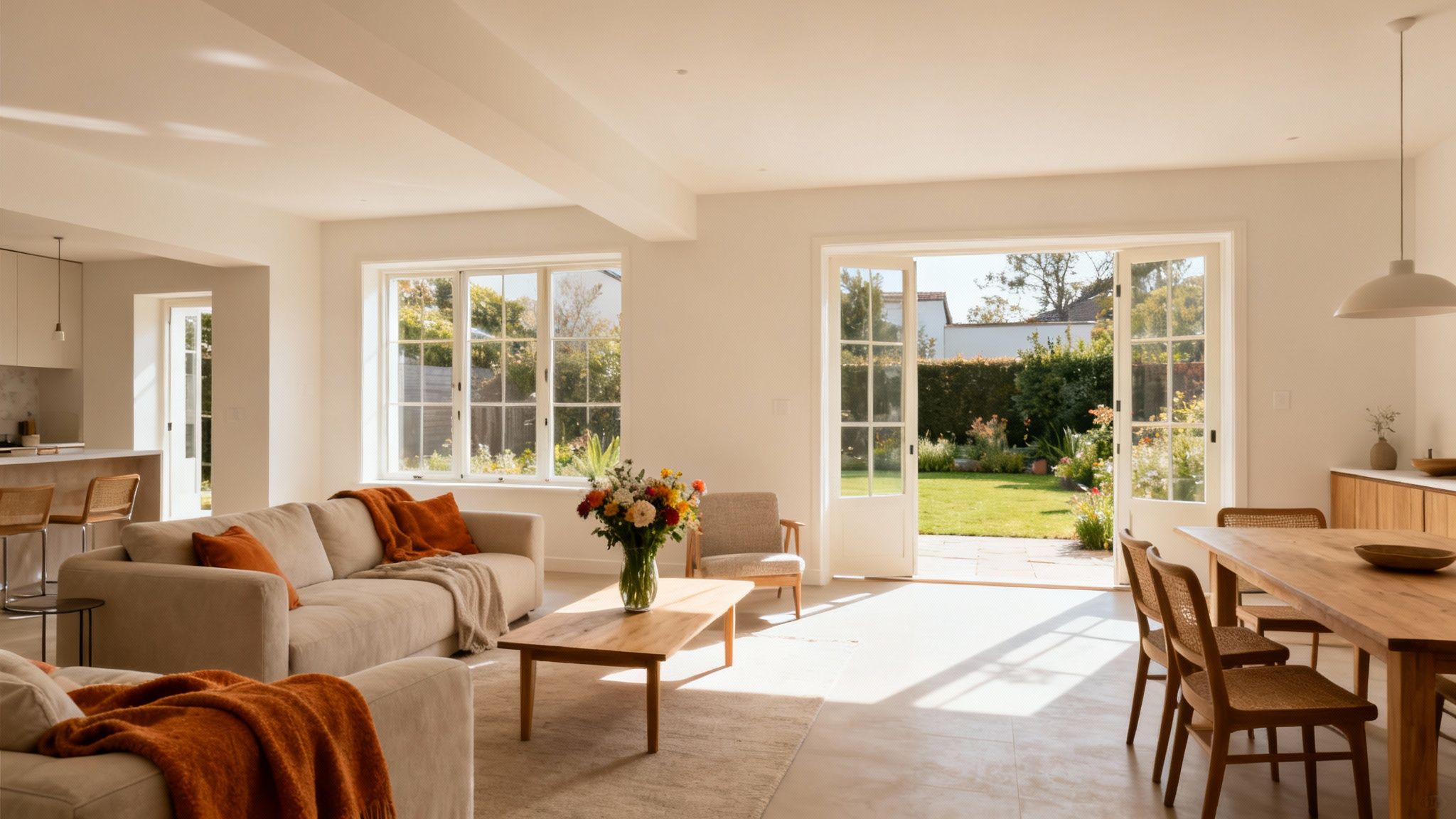 Bright open-plan living and dining room with garden view, light sofa, and wooden furniture.