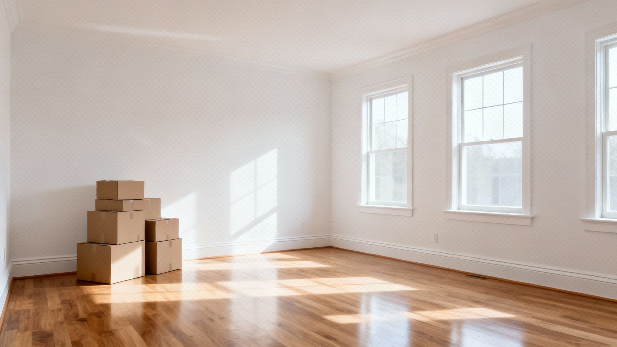 A bright, empty room with white walls, hardwood floors, and stacked moving boxes.
