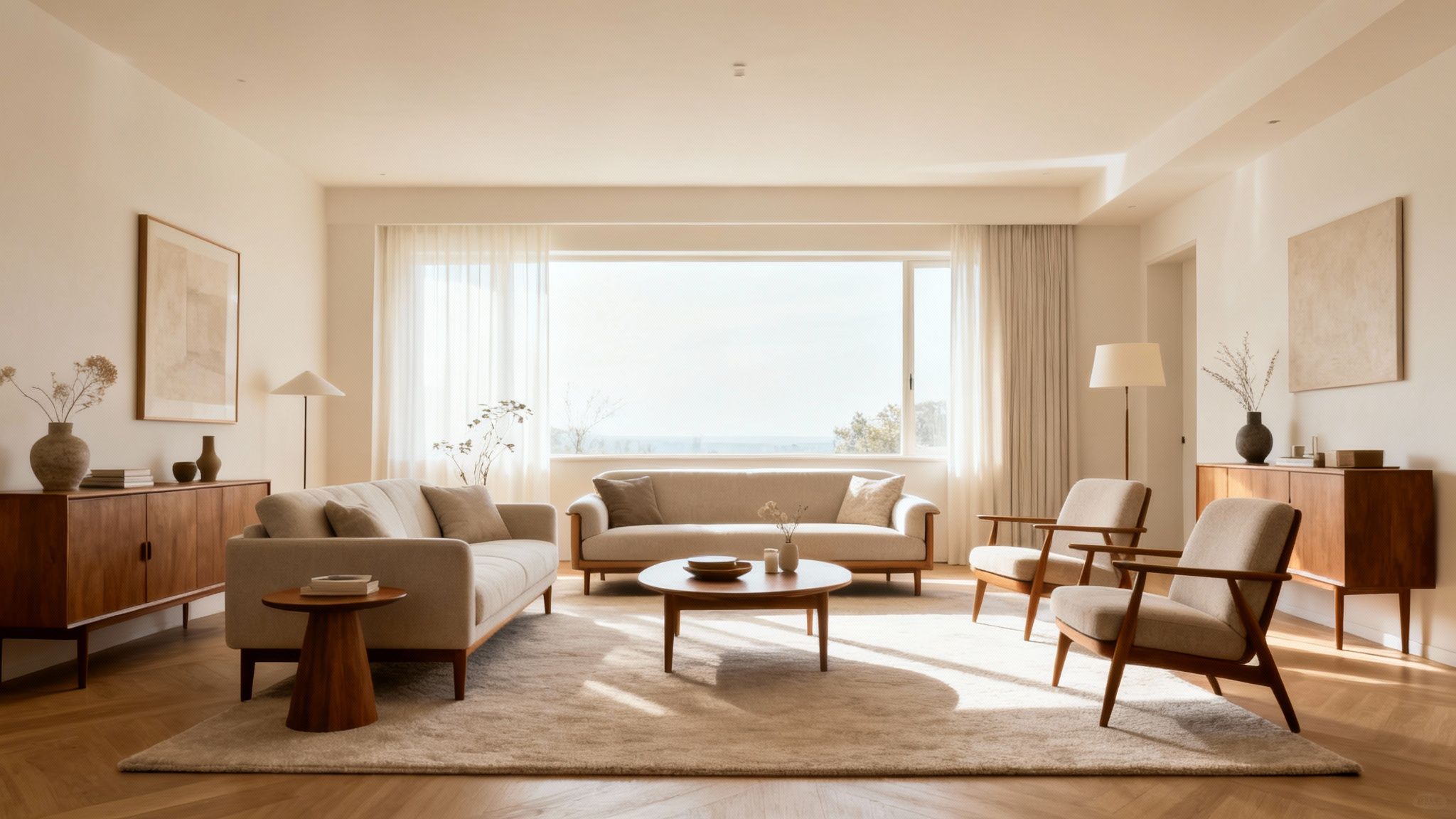 A bright, modern living room with light sofas, wooden furniture, a large window, and light rug.