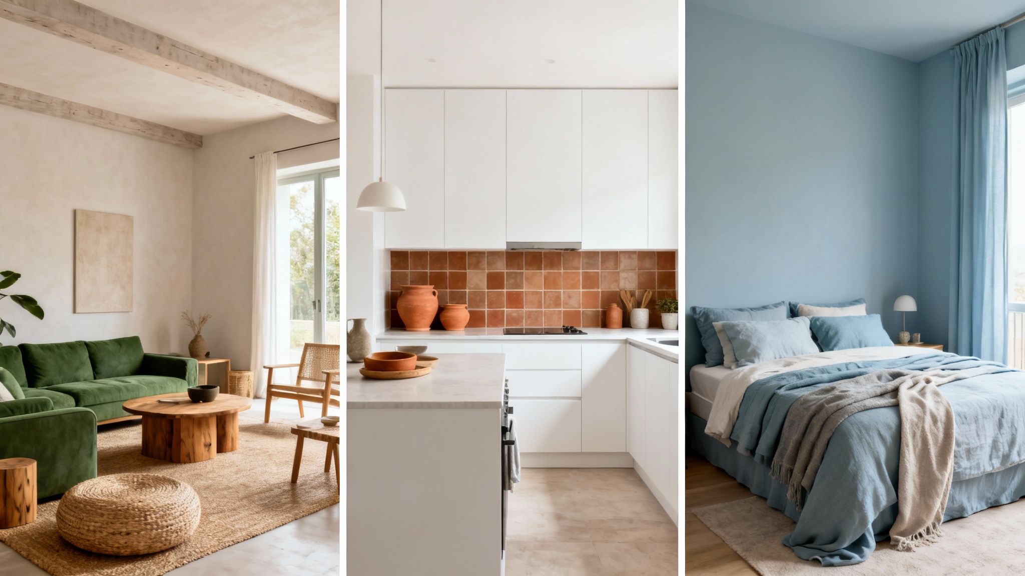 A triptych of rooms: a green living room, a terracotta kitchen, and a blue bedroom.