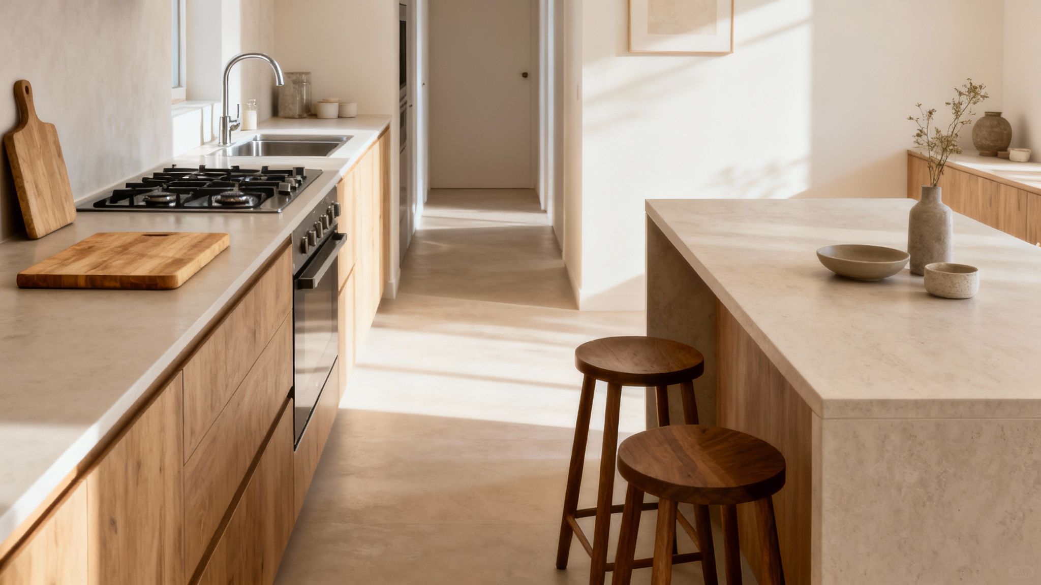 A bright, modern kitchen with light wood cabinets, stone countertops, and a kitchen island.