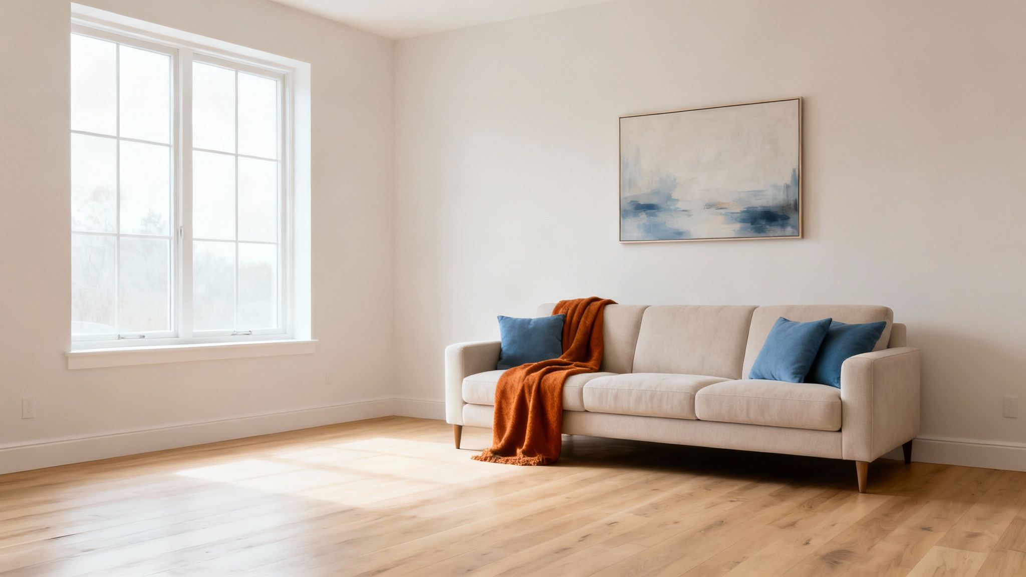 A clean, modern living room with a beige sofa, blue pillows, an orange throw, and an abstract painting.