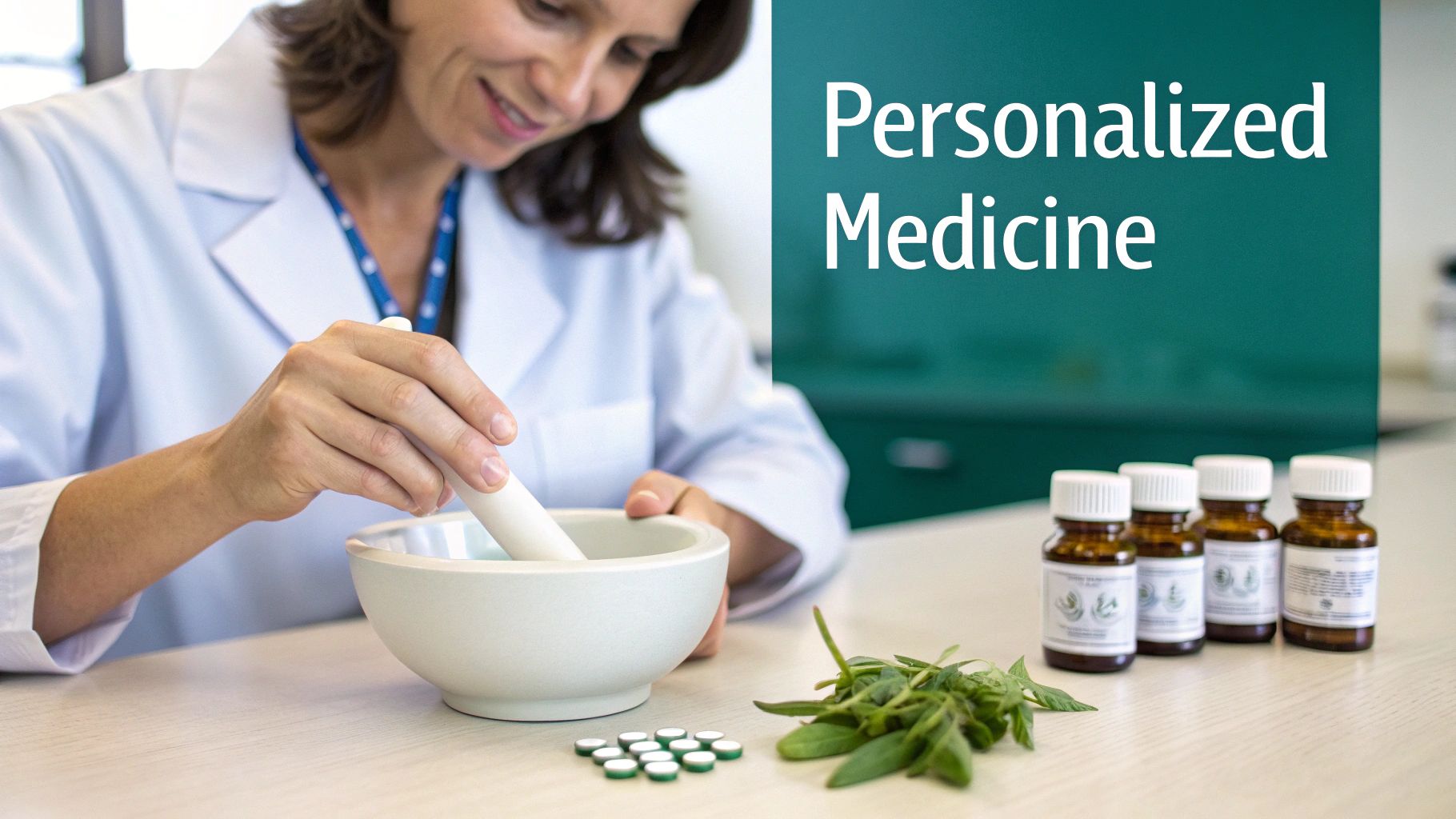 A pharmacist compounds personalized medicine using a mortar and pestle with natural herbs and pills.