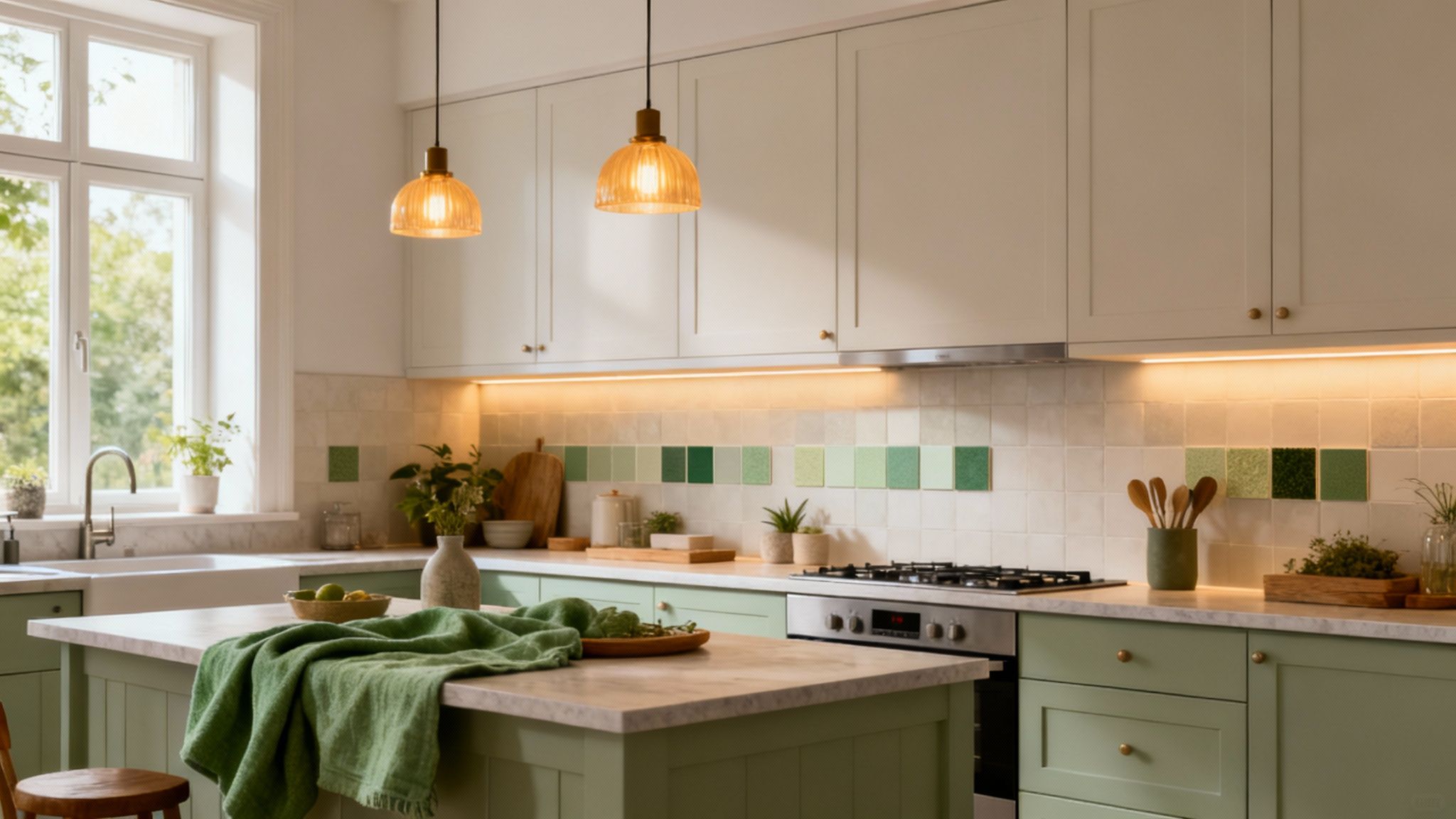A bright, modern kitchen with light green cabinets, an island, and a decorative green tiled backsplash.