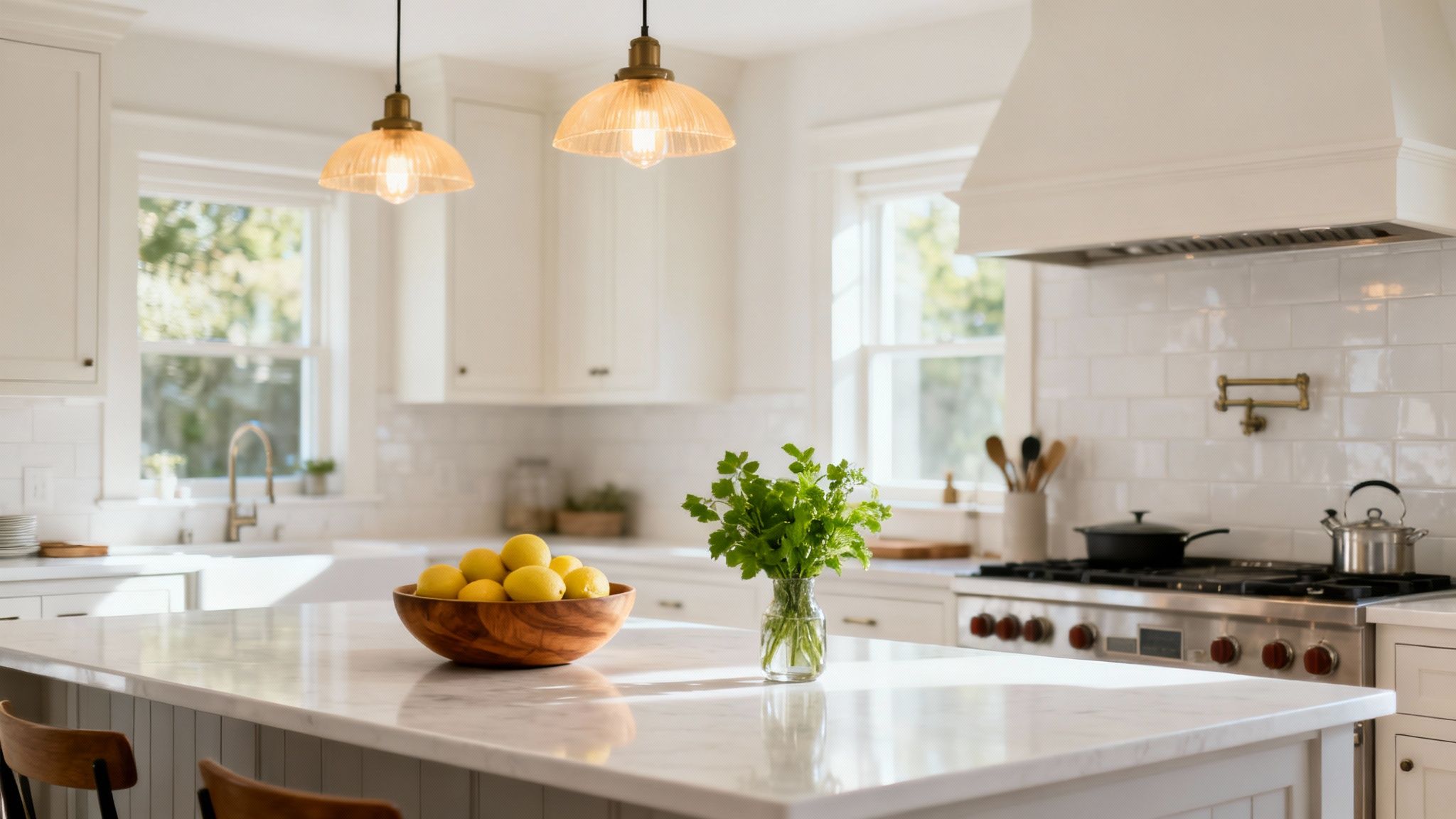 A bright, modern white kitchen featuring a large marble island with a bowl of lemons and fresh herbs.
