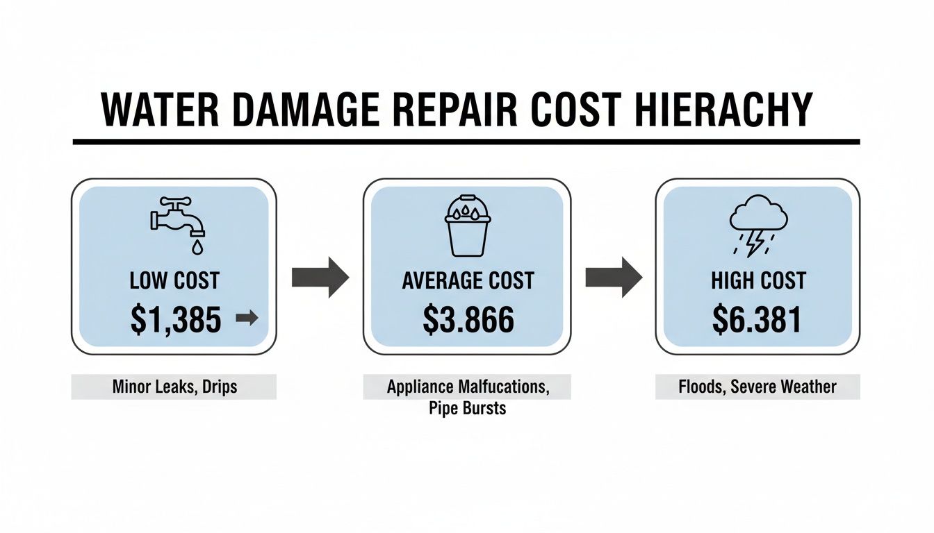 Infographic showing water damage repair cost hierarchy: low ($1,385), average ($3,866), and high ($6,381) costs.
