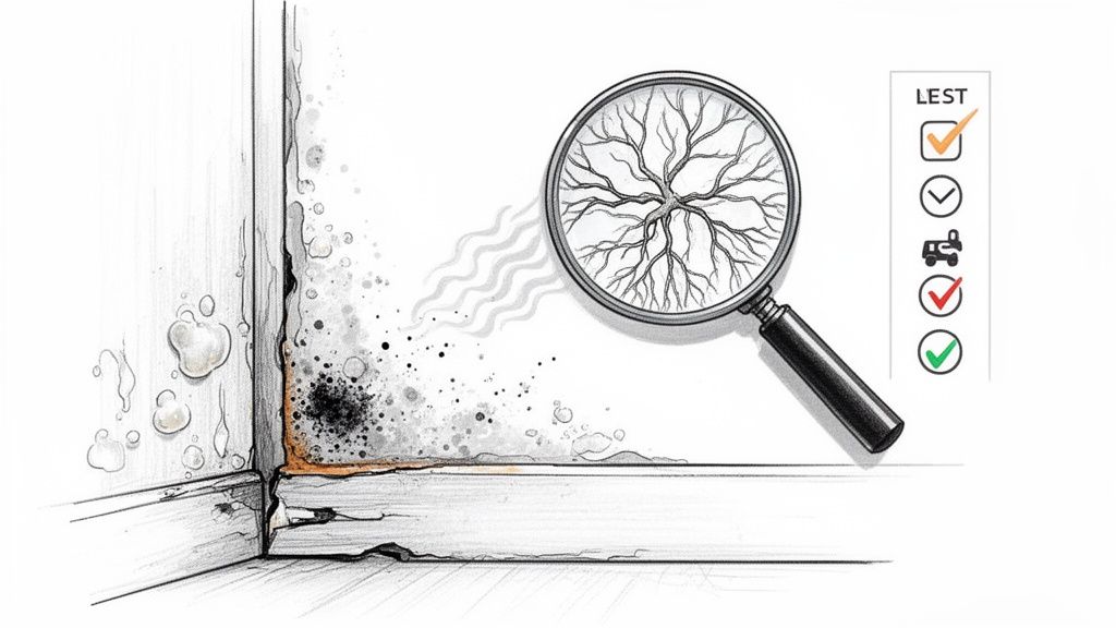 Illustration of severe mold growth and water damage in a room corner, with a magnifying glass inspecting it.