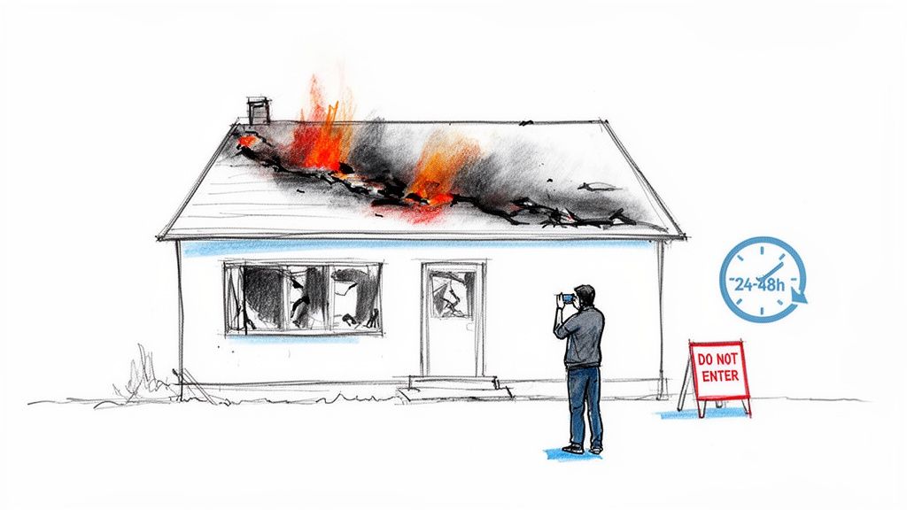 A house on fire with a person taking photos of the damage, alongside a 'do not enter' sign.