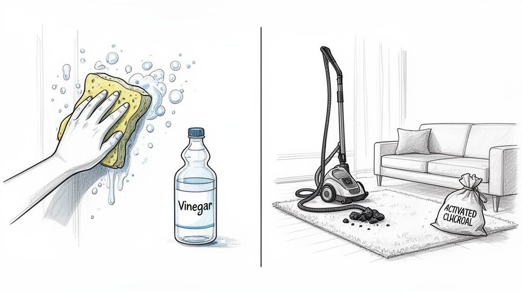 A hand cleaning with vinegar and sponge, and a vacuum cleaner near activated charcoal on a rug.