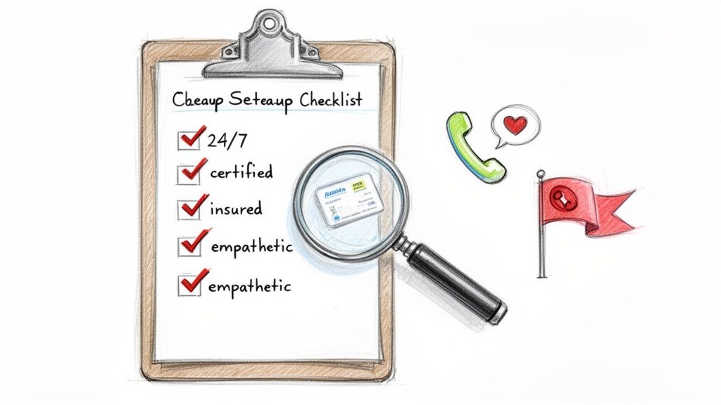 A checklist detailing 24/7, certified, insured, empathetic service qualities, with phone support and a warning flag.