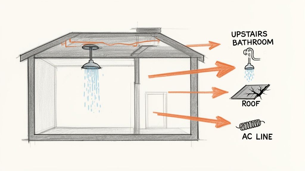 A diagram depicting potential water leak sources in a house, including a shower, upstairs bathroom, roof, and AC line.
