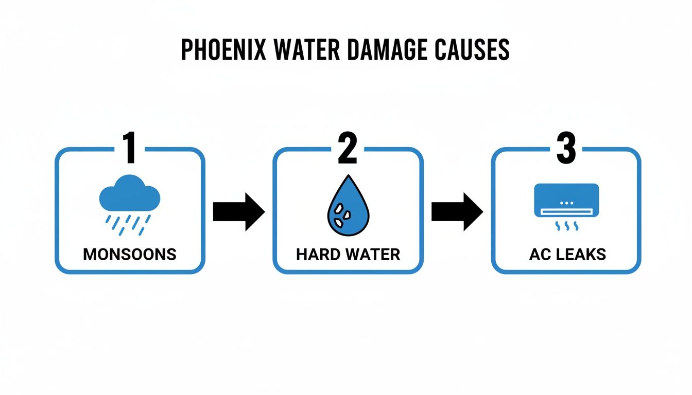 Infographic illustrating the top three causes of water damage in Phoenix, Arizona: monsoons, hard water, and AC leaks.