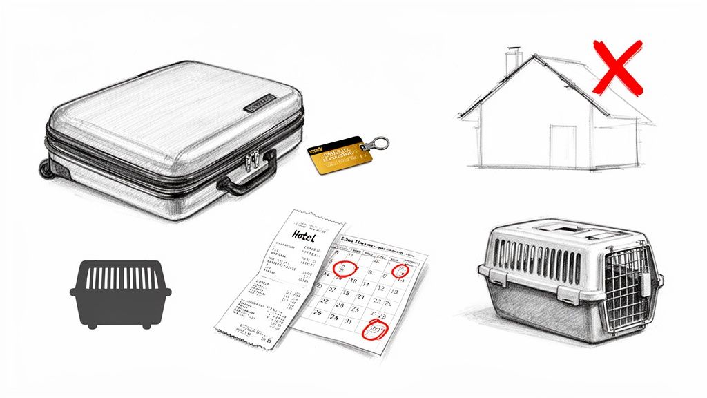 A suitcase, hotel key, bill, and pet carriers illustrate temporary accommodation away from home.