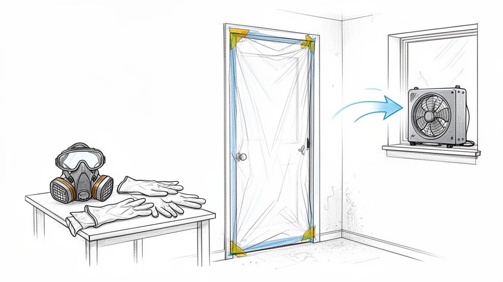 A respirator mask and gloves on a table, a plastic-sealed doorway, and a fan ventilating through a window.