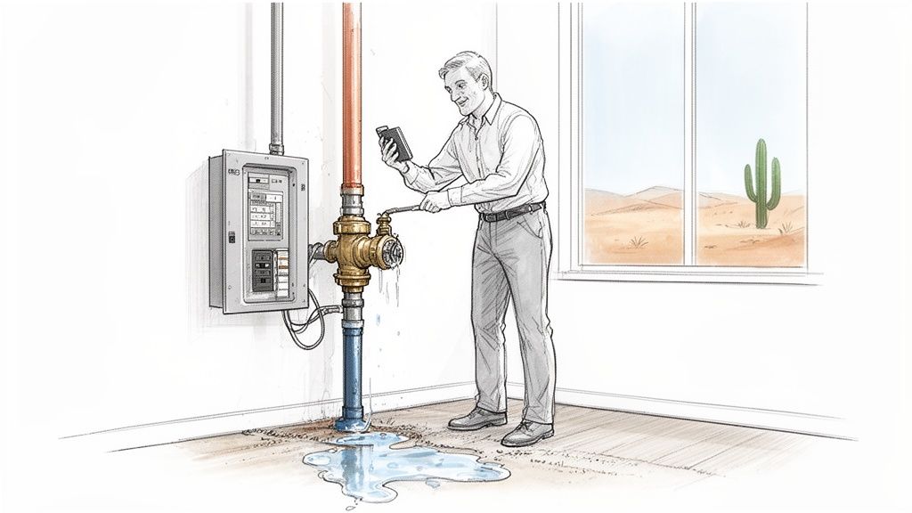A man inspects a leaking water pipe and valve connected to an electrical panel, causing a puddle on the floor. A desert landscape is visible outside the window.