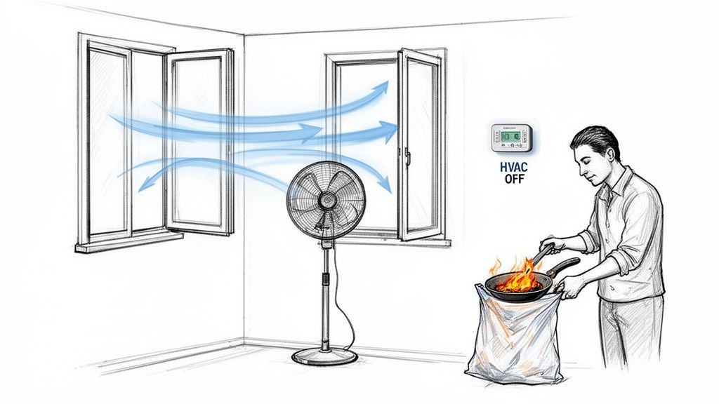 A man cooks with a flaming pan, while a fan and open windows help ventilate smoke from the room.