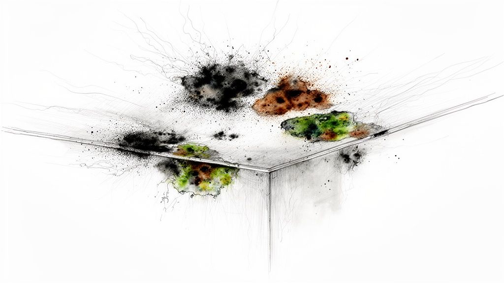 Artistic illustration of severe mold and water damage spreading across a white ceiling and room corner.