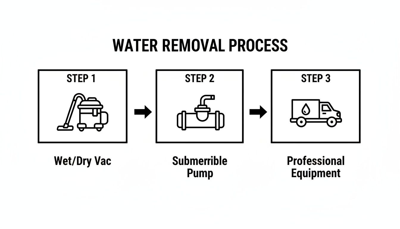 A three-step diagram illustrates the water removal process using a wet/dry vac, submersible pump, and professional equipment.