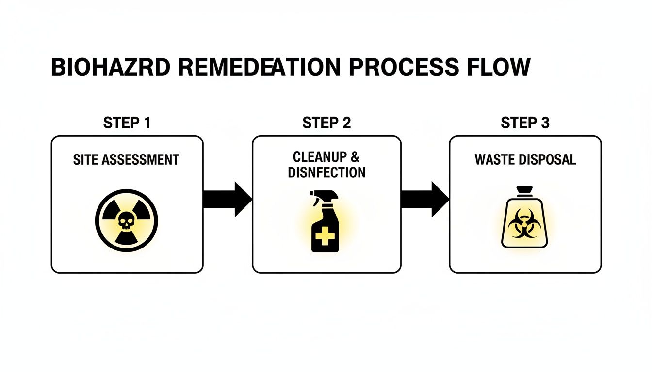 A flow chart depicting the three steps of the biohazard remediation process: site assessment, cleanup and disinfection, and waste disposal.